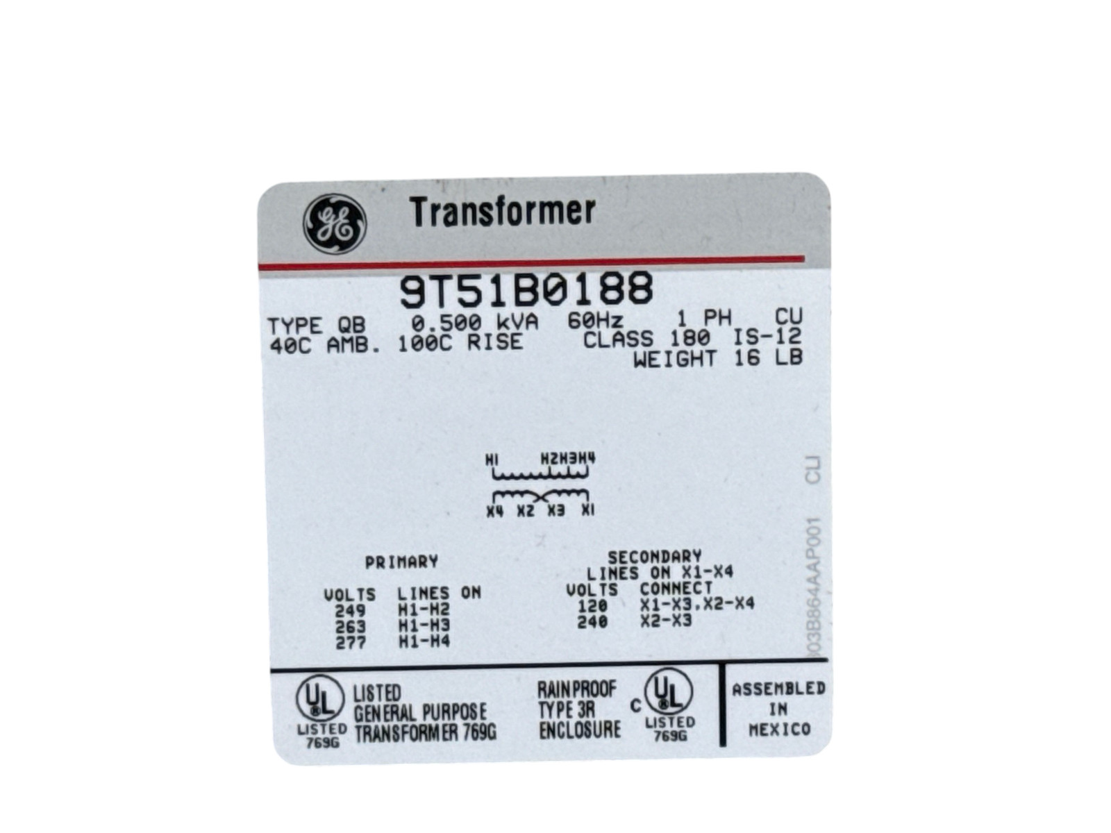 GE 9T51B0188 TYPE QB 0.5KVA 277V 120/240V 1PH GENERAL PURPOSE TRANSFORMER NEW