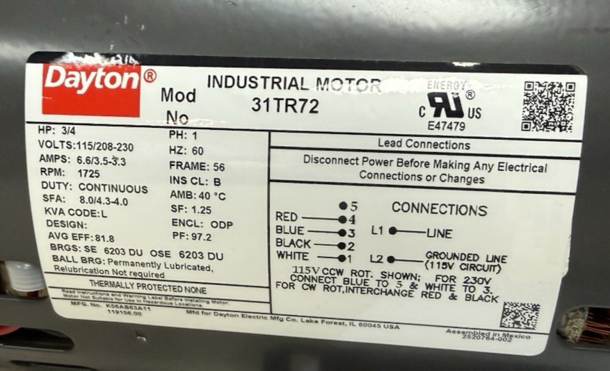 DAYTON 119156.00 General Purpose Motor 1 Ph 3/4 hp
