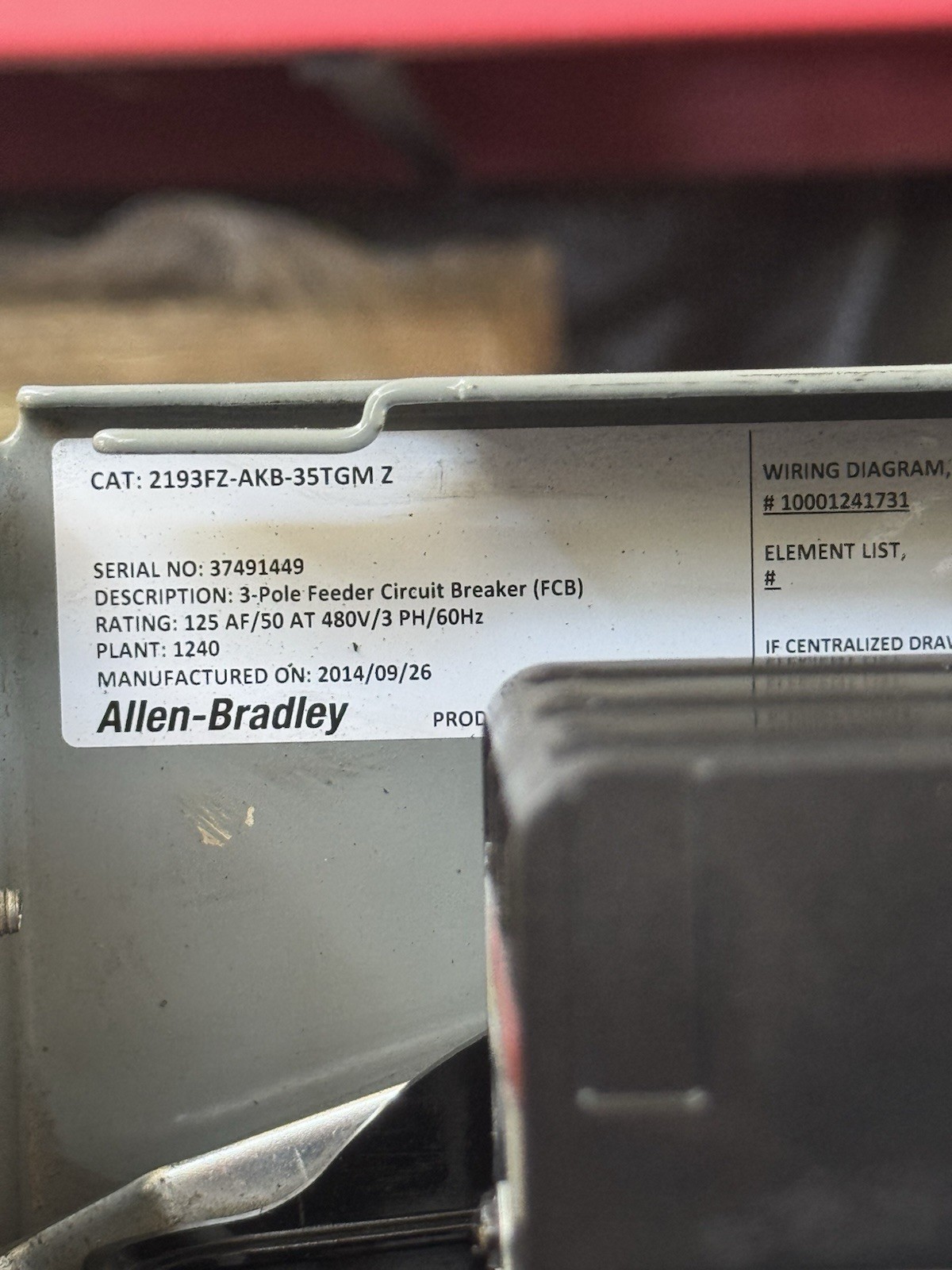 Allen Bradley 2193FZ-AKB-35TGMZ 125AF/50AT 480V MCC Feeder Bucket