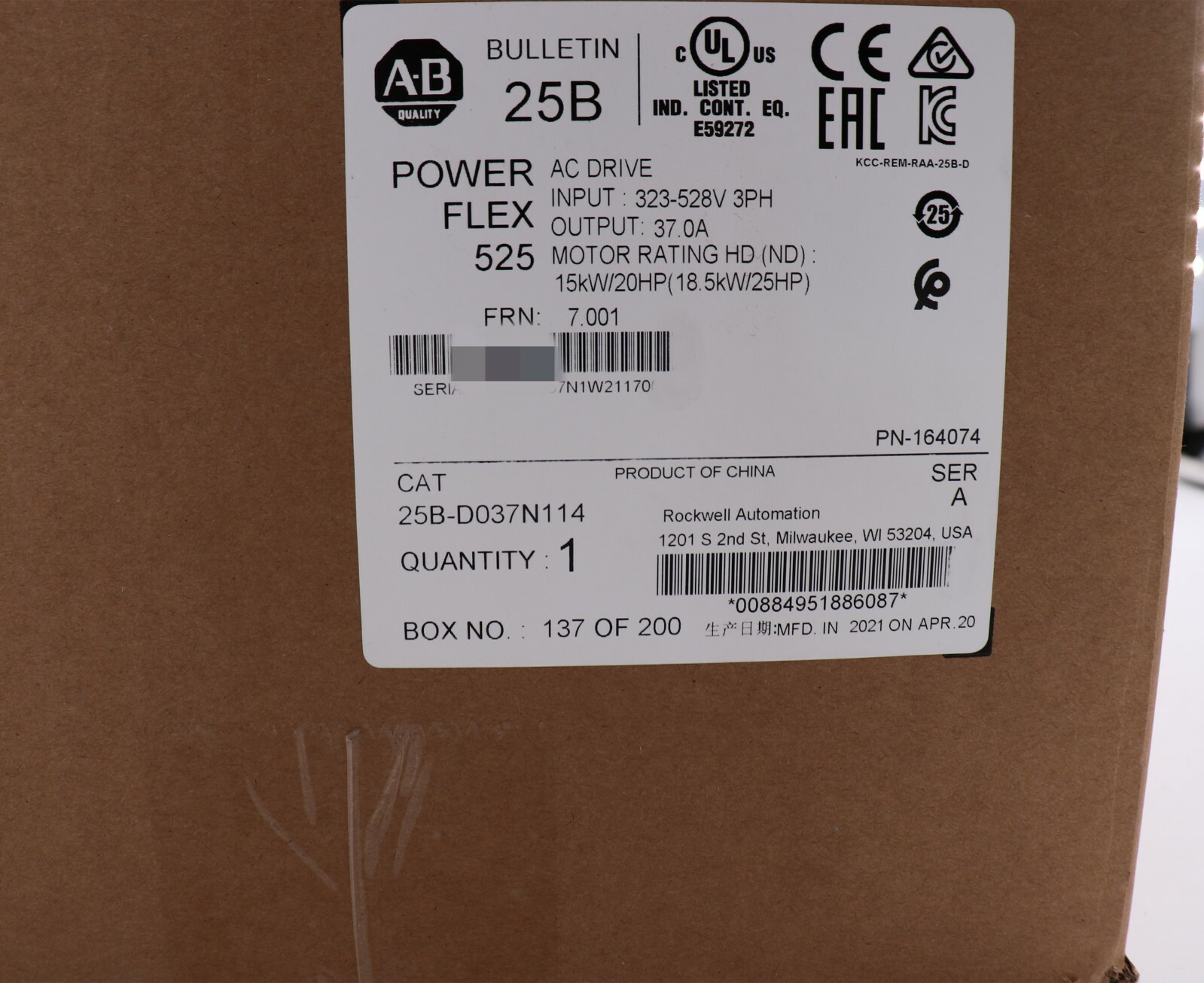 Allen-Bradley AB 25B-D037N114 PowerFlex 525 AC Drive Ser A Factory Sealed New