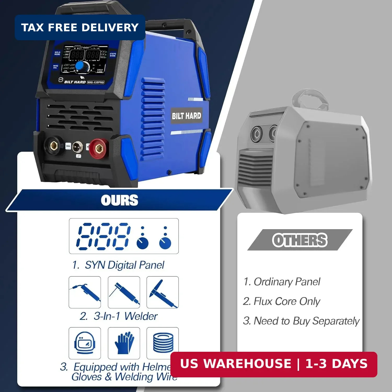 BILT HARD 135A IGBT Inverter Welder, 110V Flux Core MIG/Lift TIG/Stick 3-in-1 We