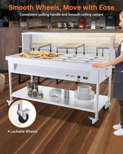 96QT Steam Table 12x8QT Electric Commercial Food Warmer 12 Pan with Wheel 1500W