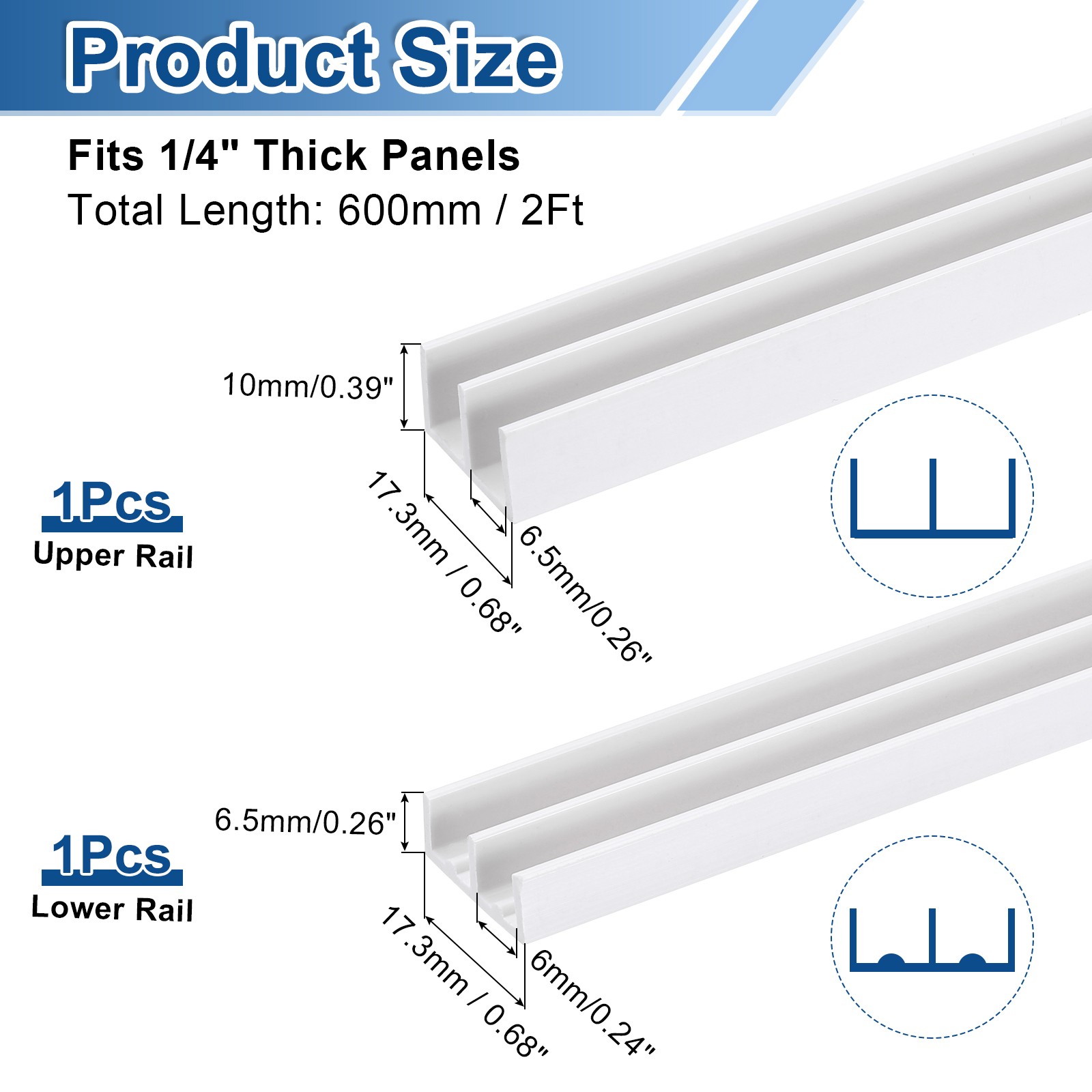 White Plastic Sliding Door Track Track for 1/4″ Thick Panels 2Feet