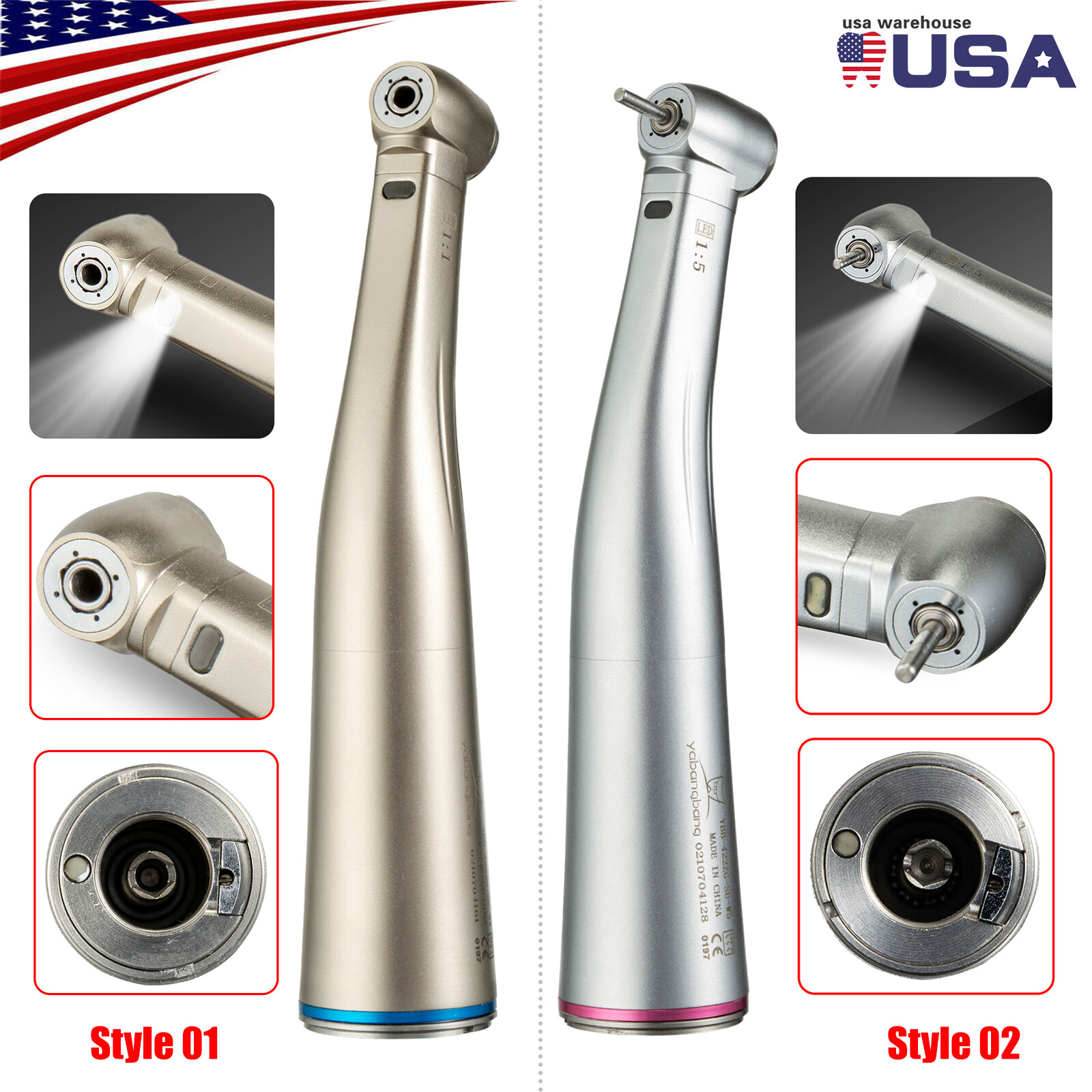FDA Dental 1:5 1:1 Electric Fiber Optic LED Contra Angle Handpiece Fits NSK KaV