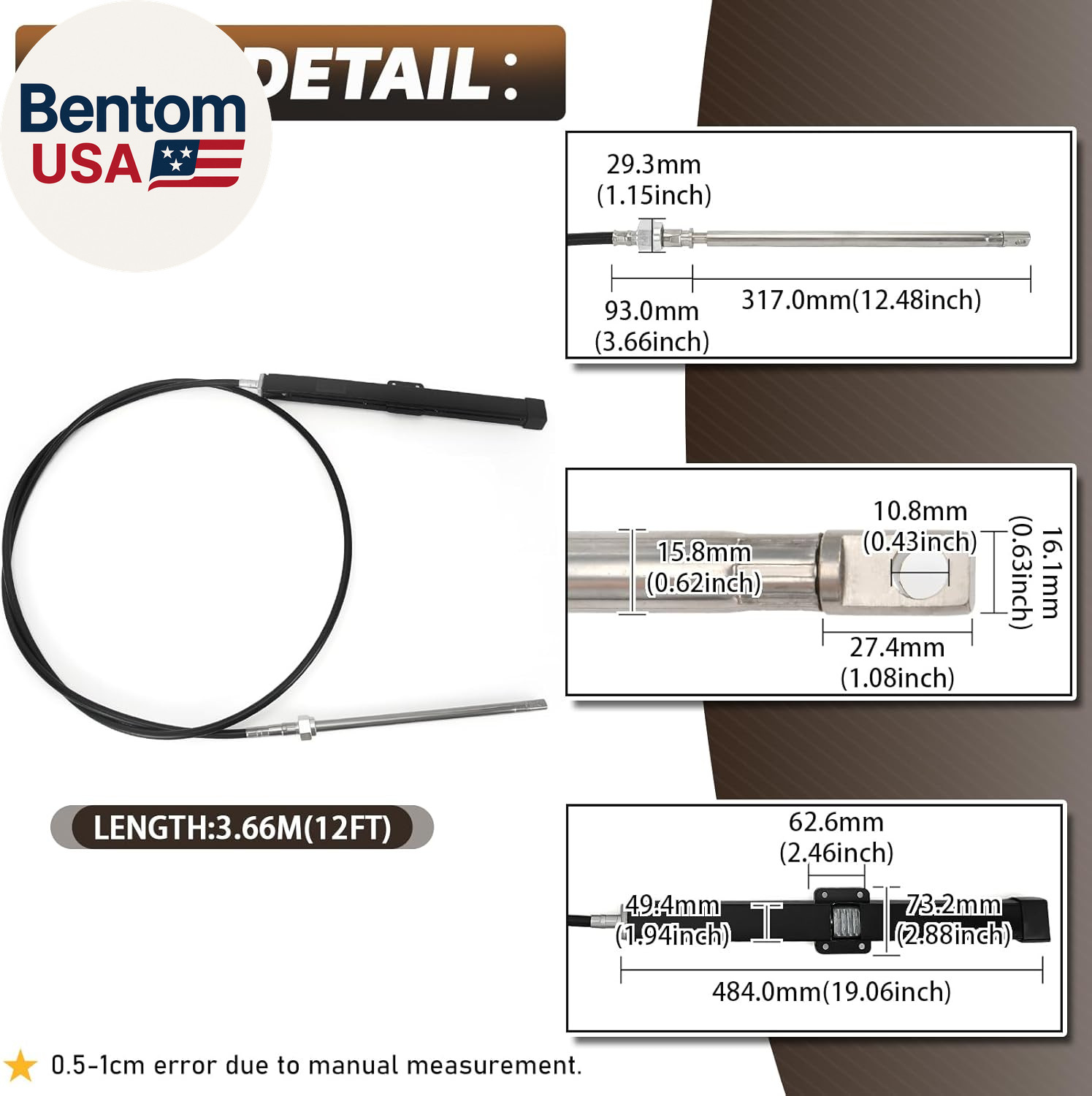 12FT 14FT 15FT 18FT 19FT Mechanical Rack & Pinion Steering Cable SSC134XX, Back