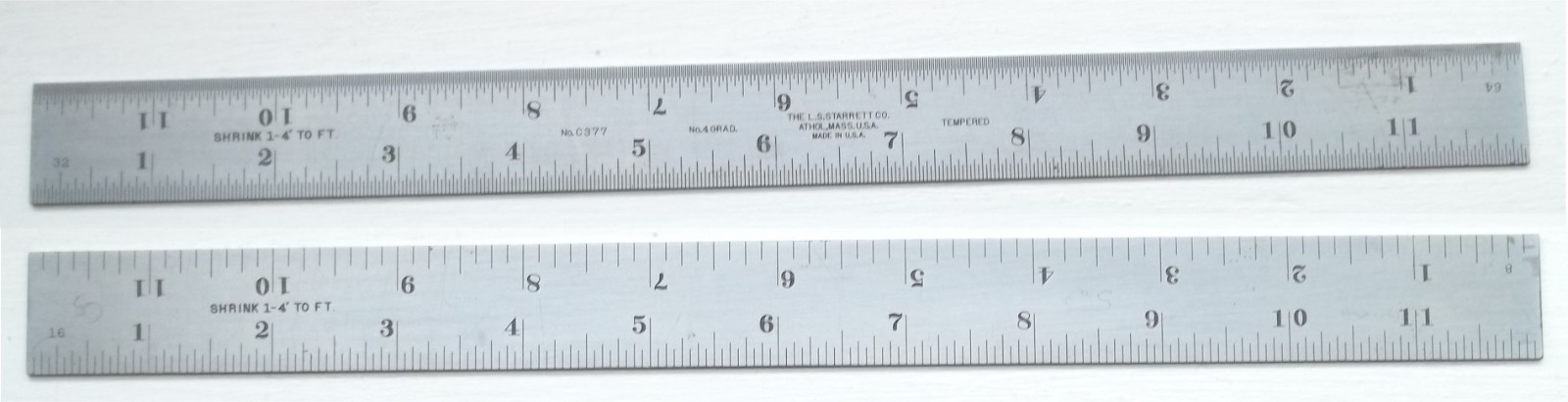 L.S. Starrett No. C377 4 GRAD Satin Chrome 12″ Shrink Rule 1/4″ To Foot