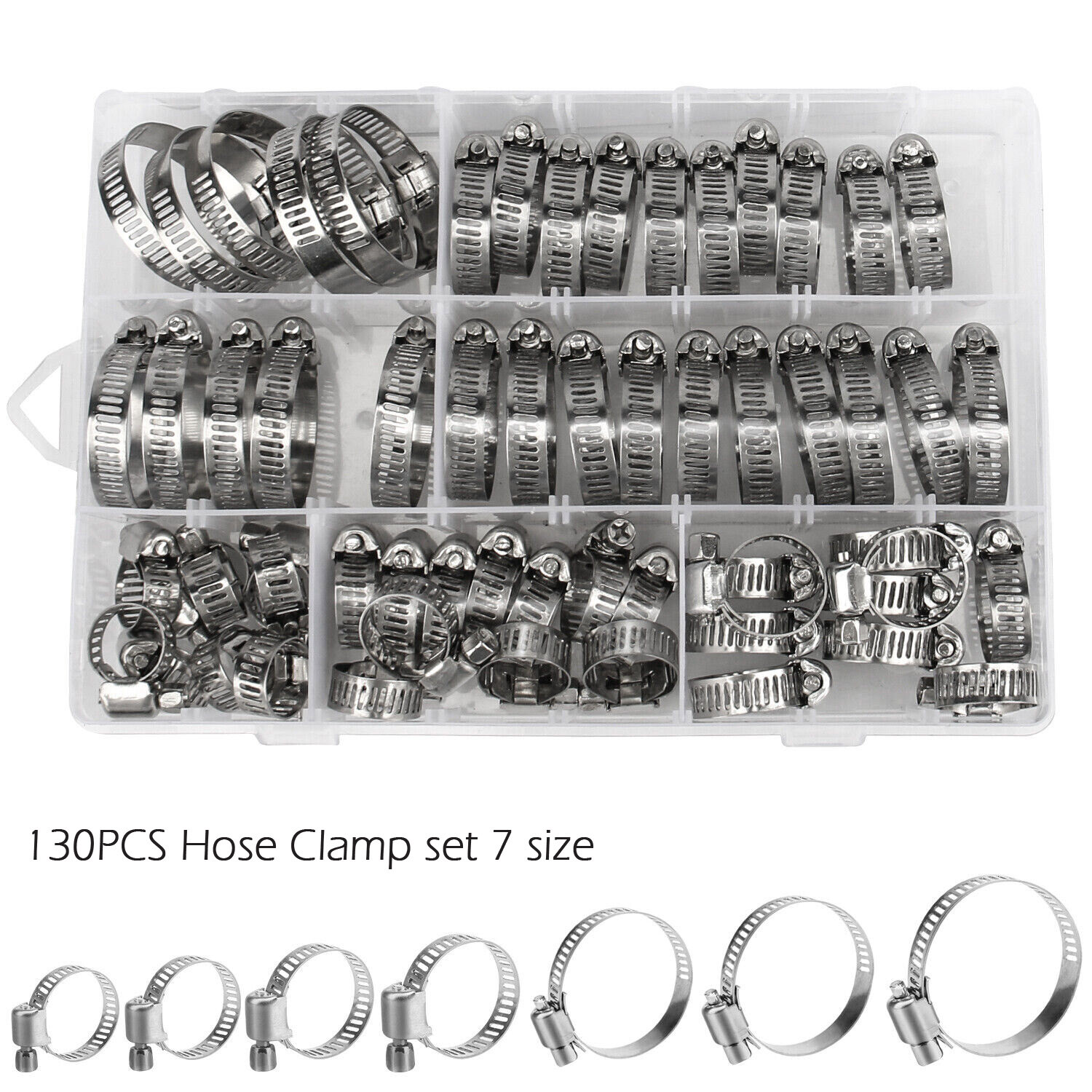 130/60Pcs Adjustable Hose Clamps Worm Gear Clip Stainless Steel Clamp Assortment