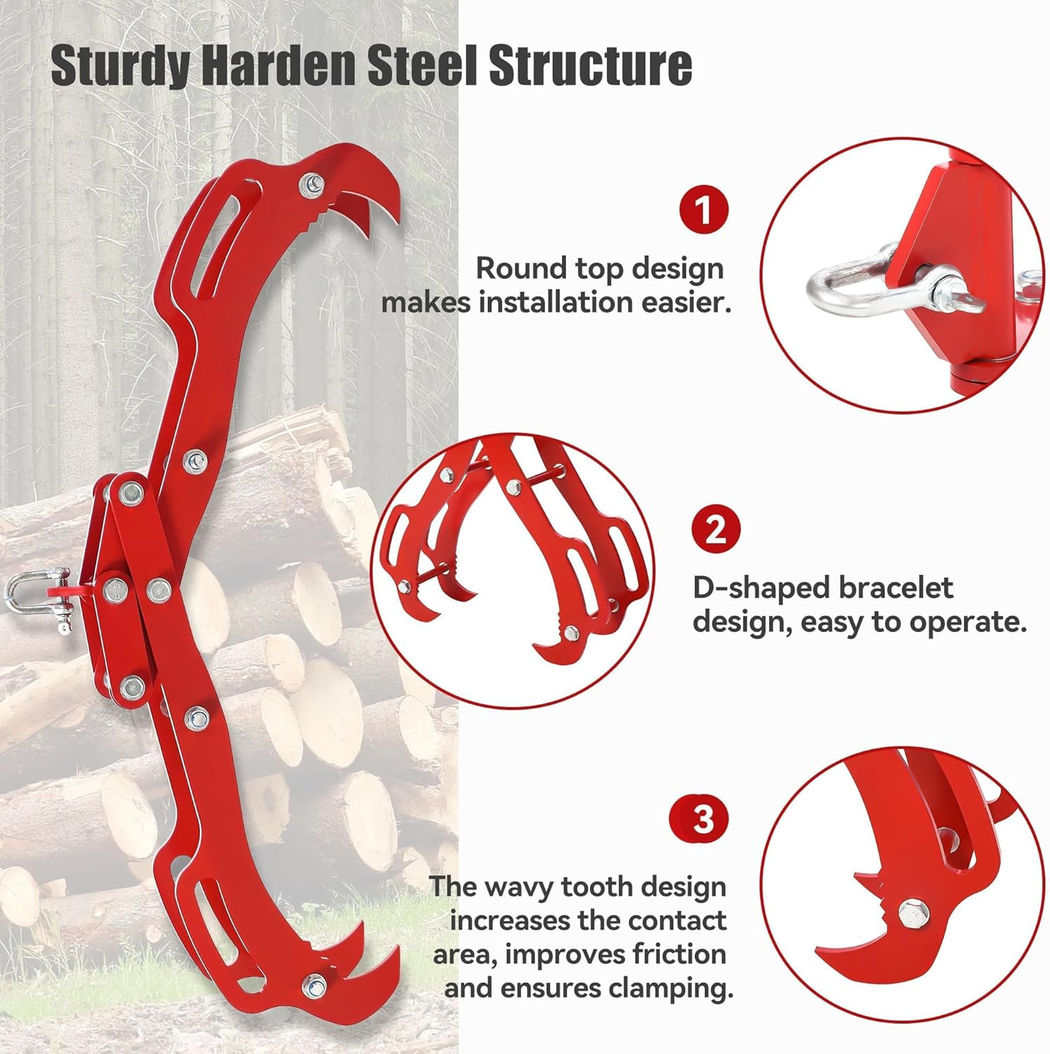 28 Inch Log Lifting Tongs, Heavy Duty Steel Log Grapple with 4 Claws, Swivel Tim