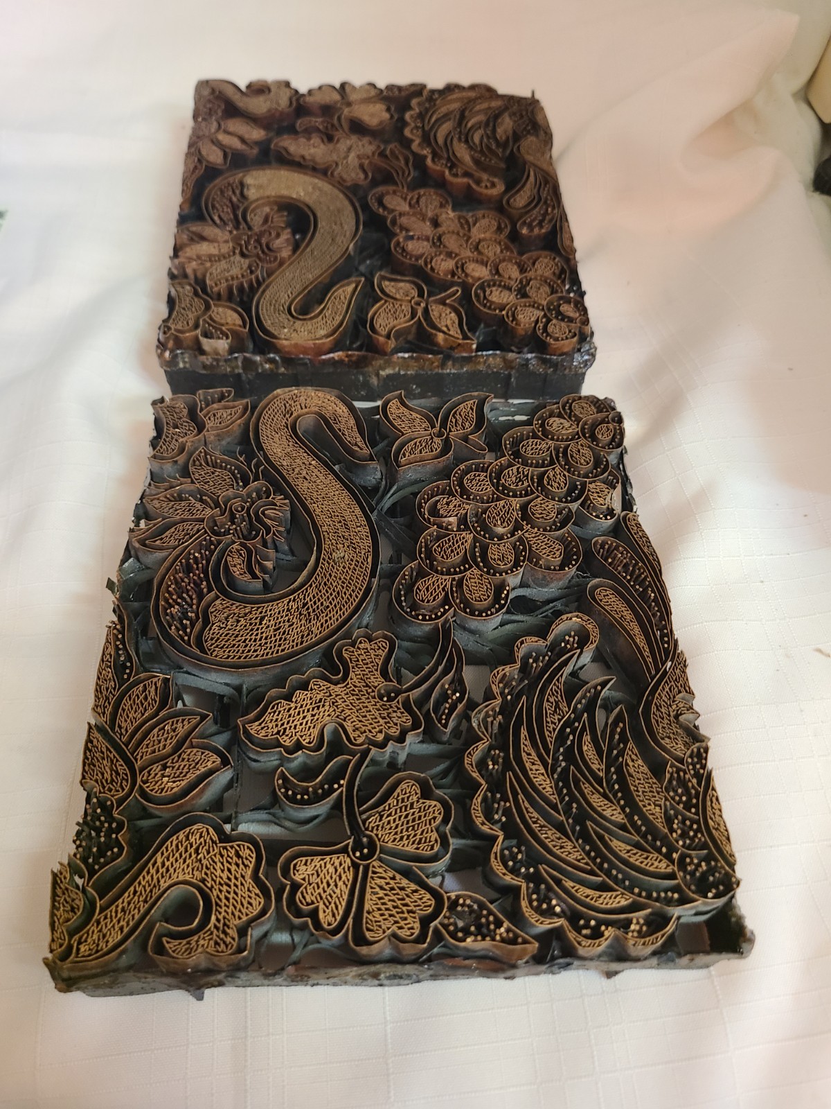 Vintage Copper Fabric Pattern Stamp Print Block 7 inches x 8 inches