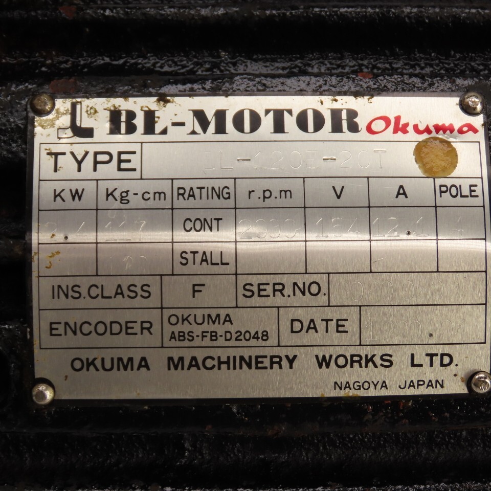 Okuma BL-120E-20T 2.4kW AC Servo Motor 2000RPM164V 12.1A 4-Pole W/Encoder Tested