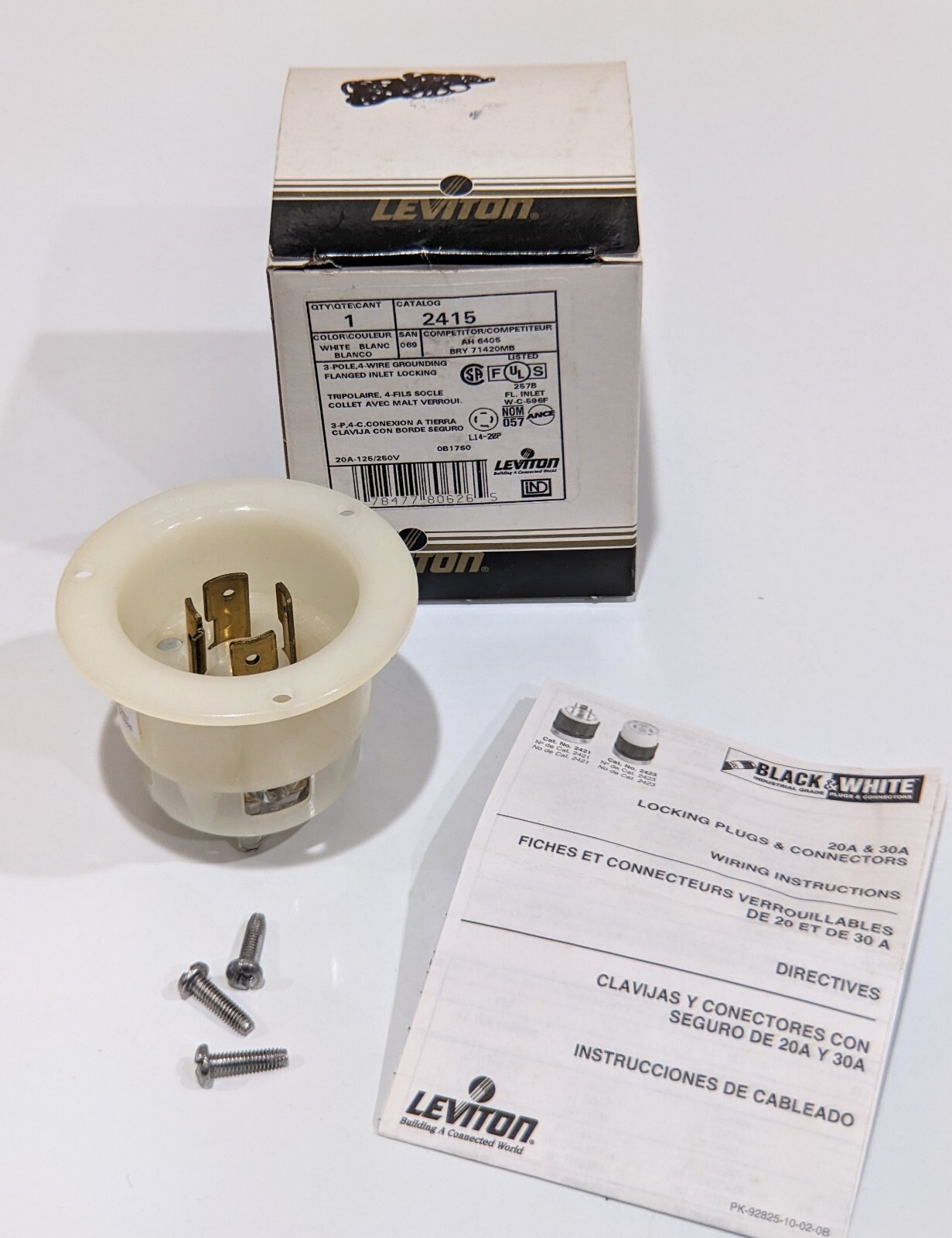 Leviton 2415 20A 125/250V NEMA L21-30P 3P 4 Wire Locking Flanged Inlet – NIB
