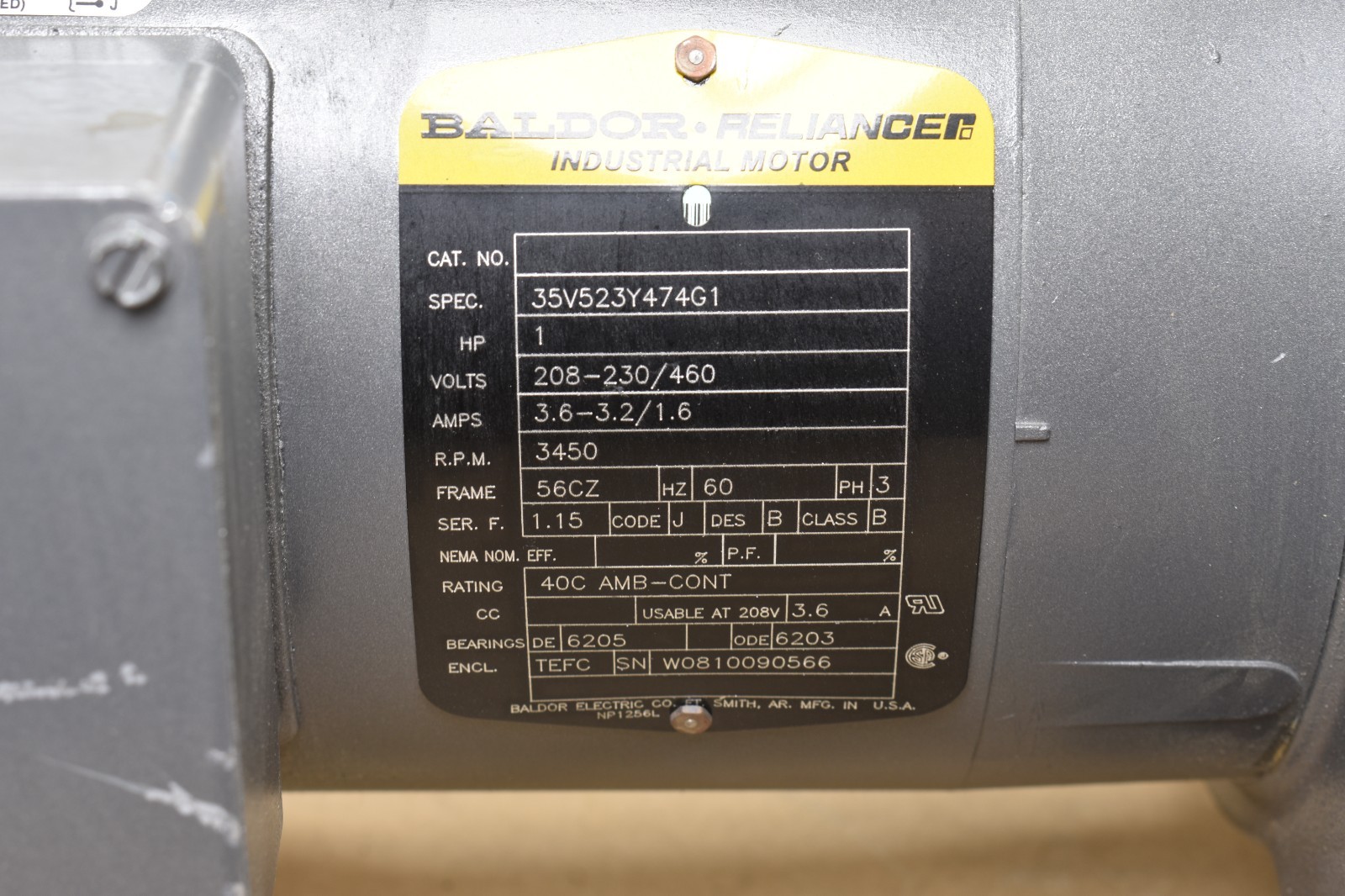 Baldor Reliance 35V523Y474G1, 1 HP Induction Motor w/ Blower, 208-230V, 3 Phase