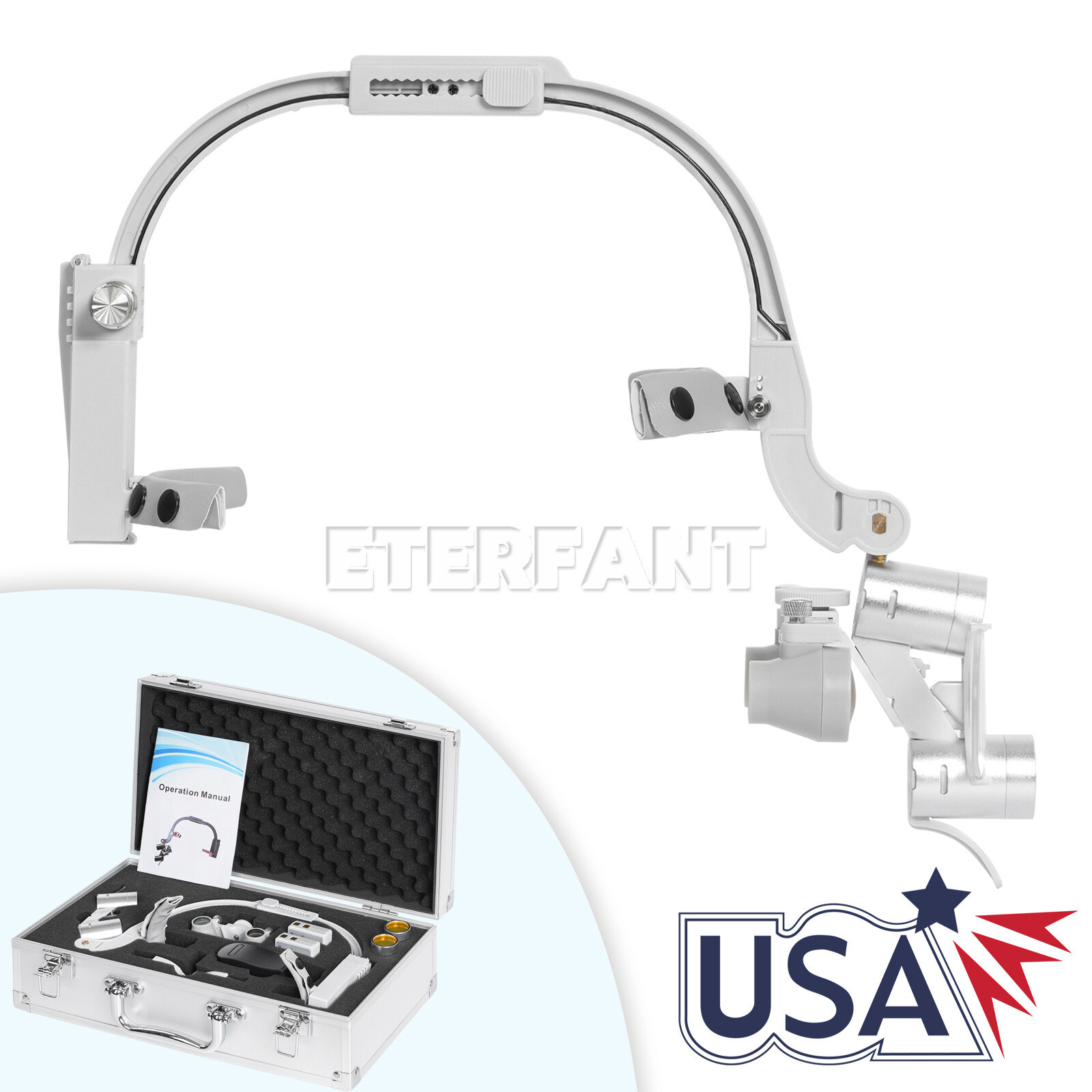 ETERFANT Dental Headband 3.5X Binocular Loupes+5W Dual LED Head Light 2 Leds