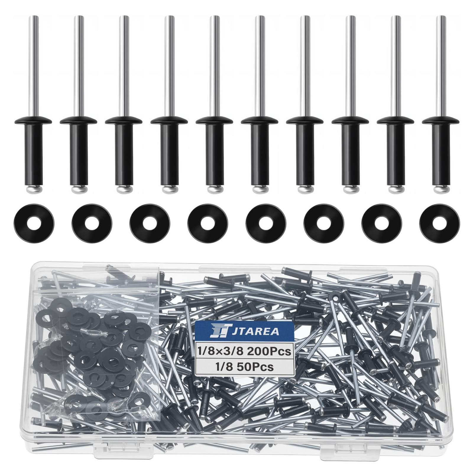JTAREA 250pcs 1/8″ x 3/8″ Black Aluminum Pop Rivets with Stainless Steel Wash…
