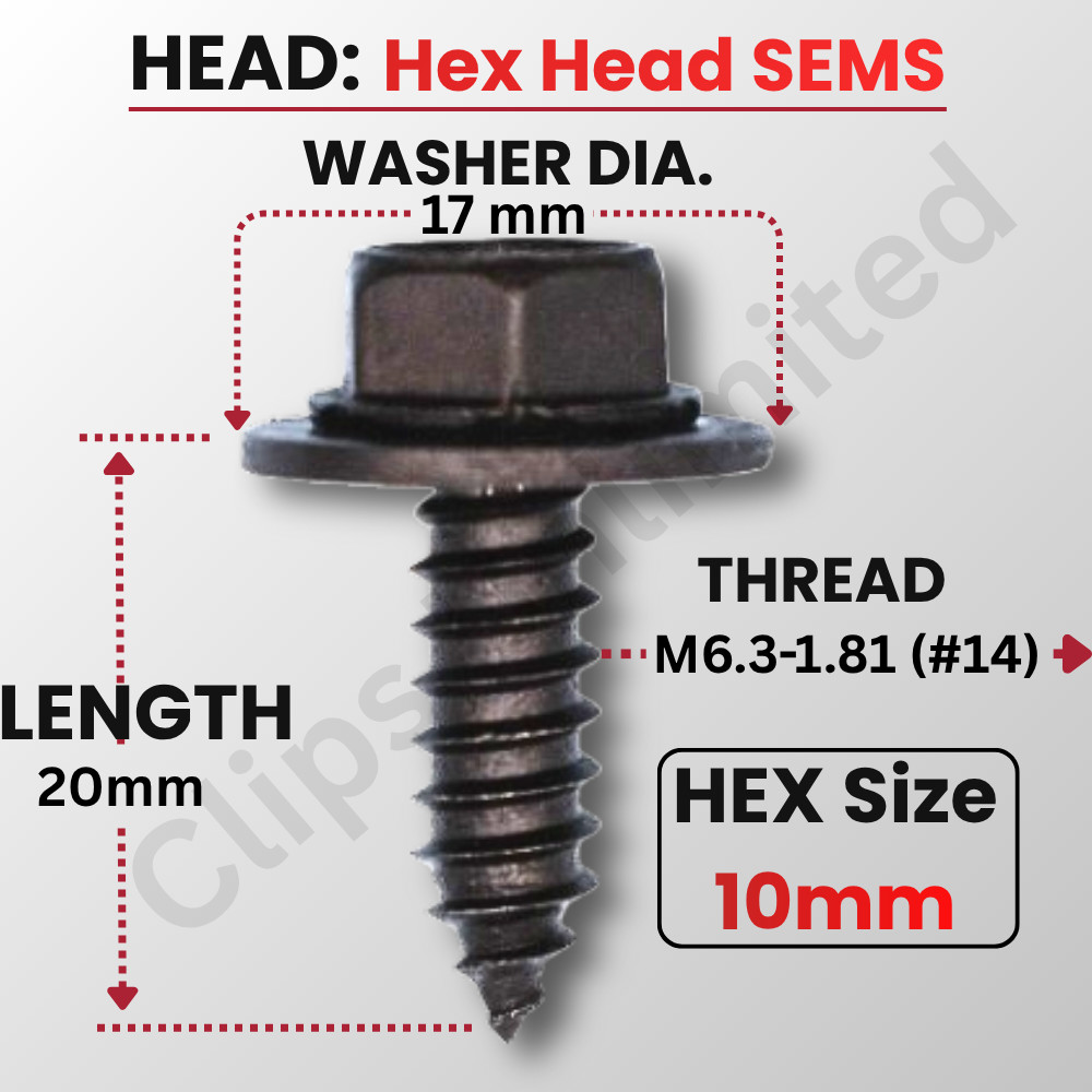 A 12351 Hex Washer Head SEMS Screw M6.3 x 20mm Black Poly GM 11505022 25-1000PCS
