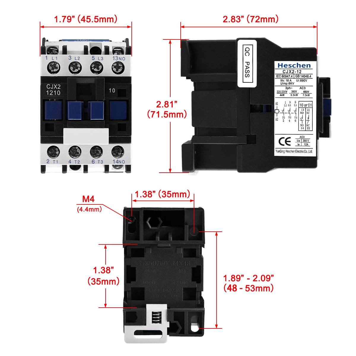 AC Contactor, CJX2-1210, 110V 50/60Hz Coil, 3P, 3 Pole, Normally Open