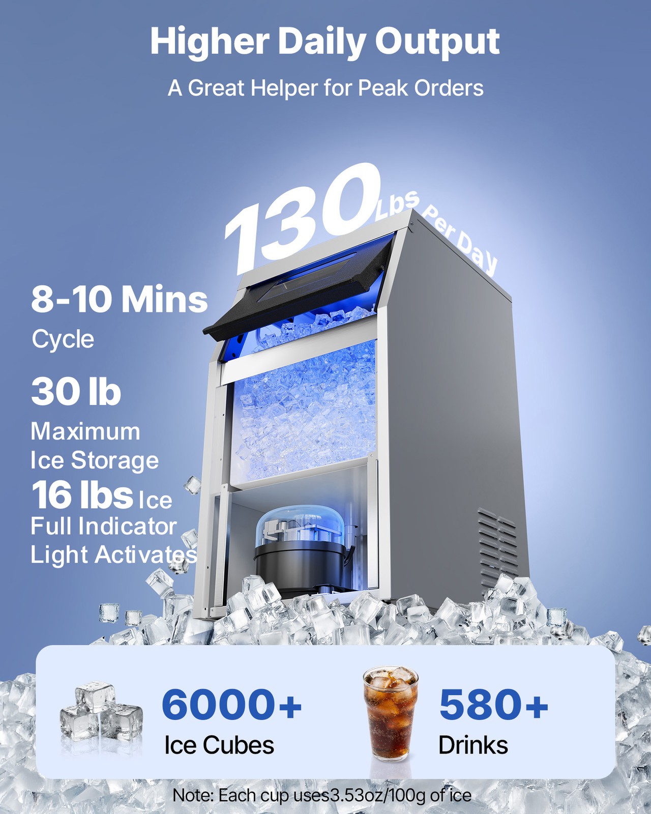 VEVOR Commercial Ice Maker 130 lbs/24h Ice Machine 30 lbs Storage Bar Restaurant