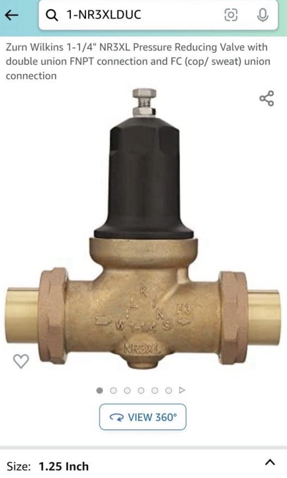 Wilkins 1- 1/4” NR3XLDUC Water Pressure Reducing Valve Double Union Connections
