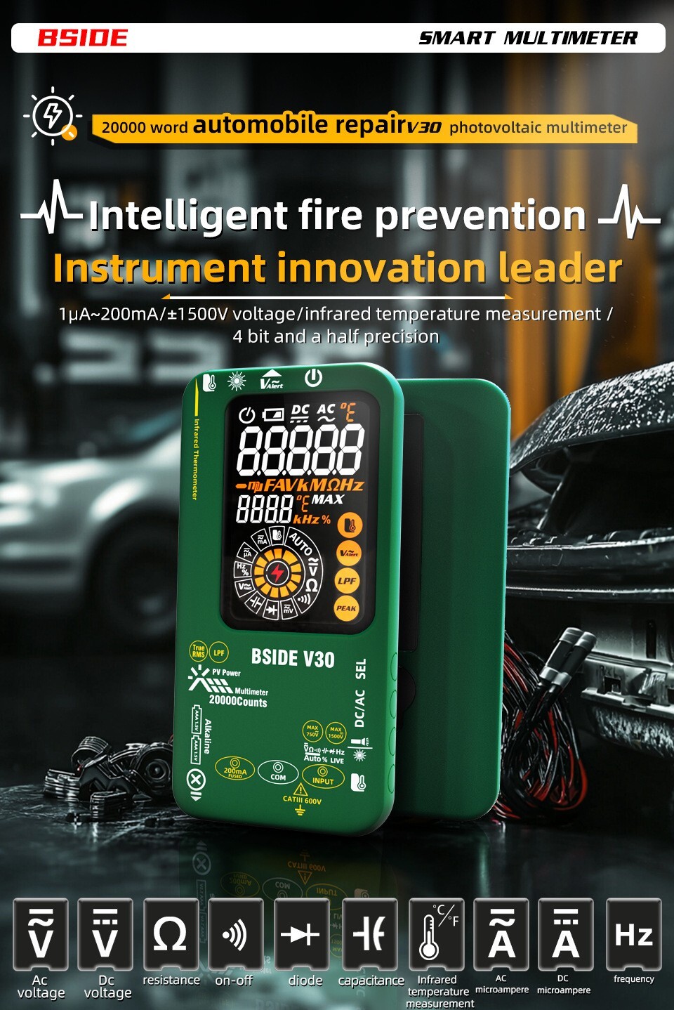 Photovoltaic Multimeter mV/uA IR Thermometer Test Pen TRMS Li-Battery Color LCD
