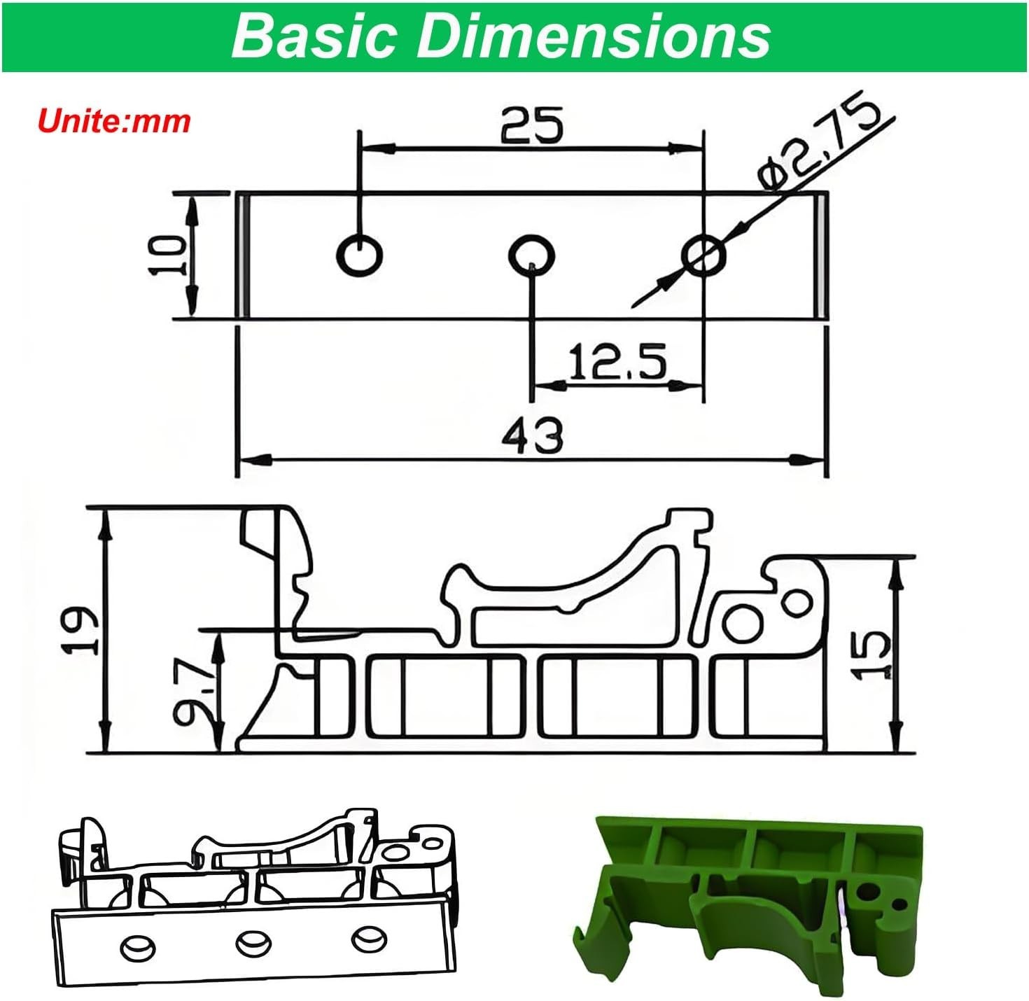 10 Sets DIN Rail Mounting Kit for PCB 35mm C45 Adapter Clips PA66 Green Panel…