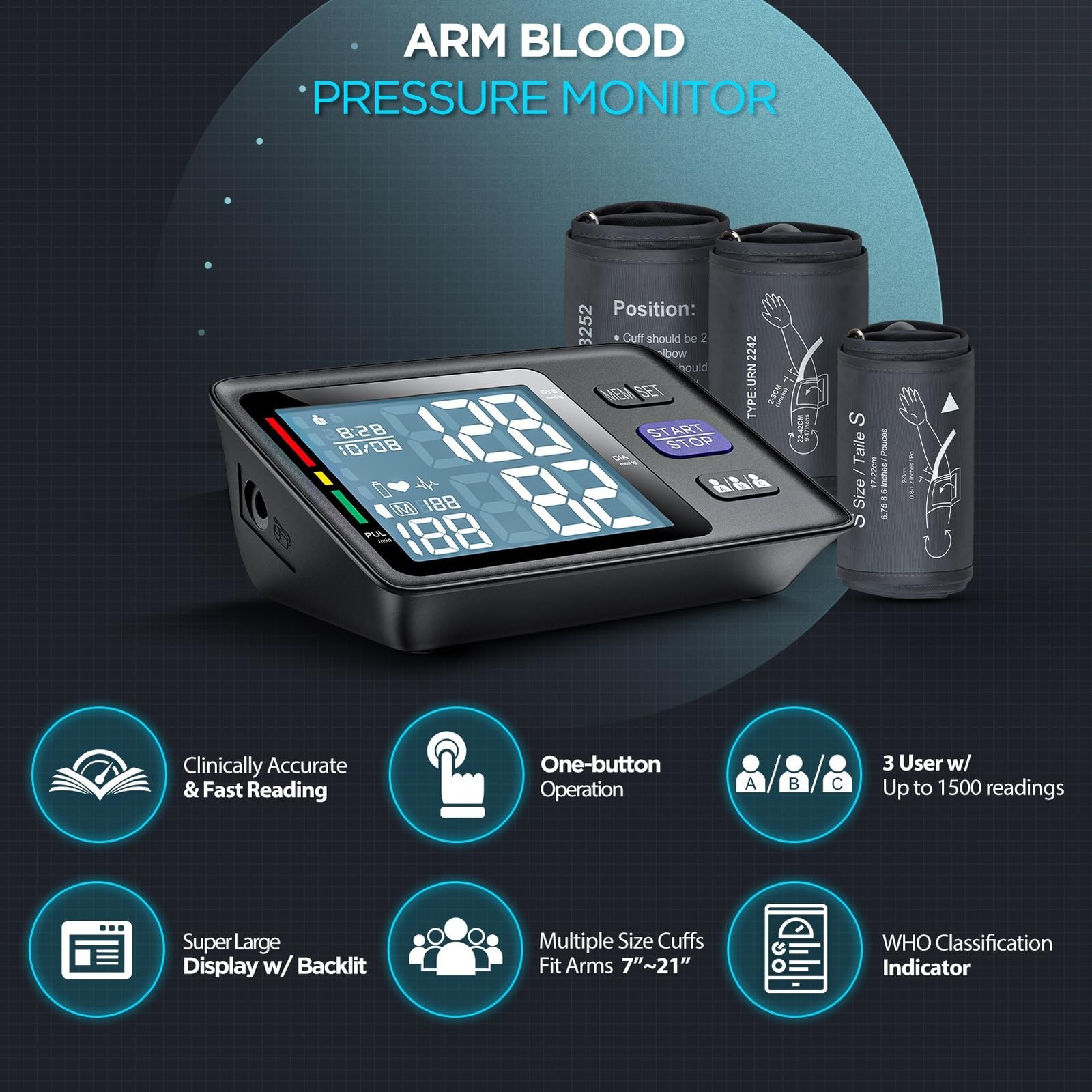 Blood Pressure Machine Upper Arm, 3 Size Cuffs, S, M/L and XL, Small 7″-9″, M…