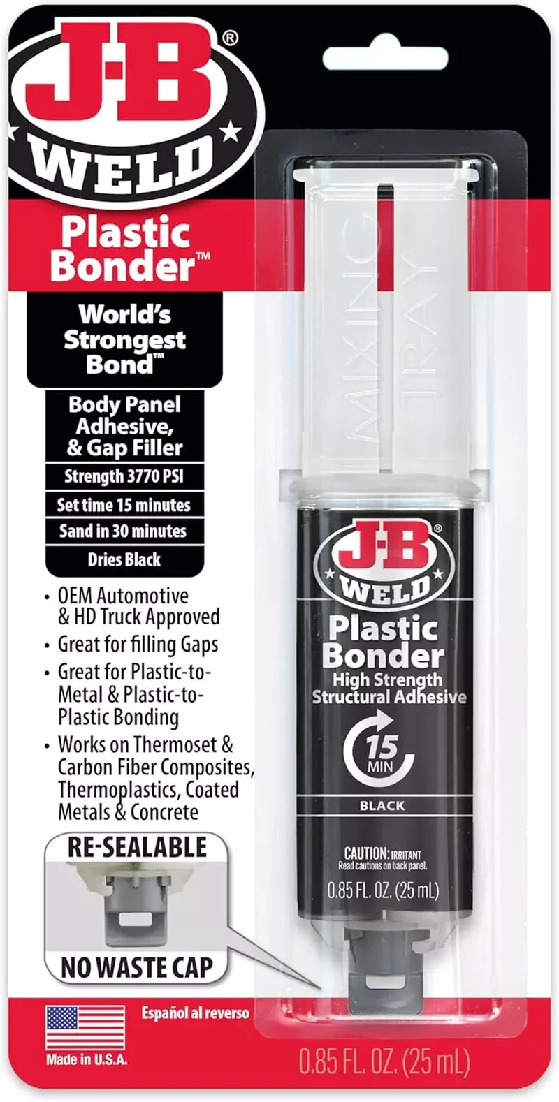 J-B Weld 50139 Plastic Bonder Body Panel Adhesive and Gap Filler Syringe – Black