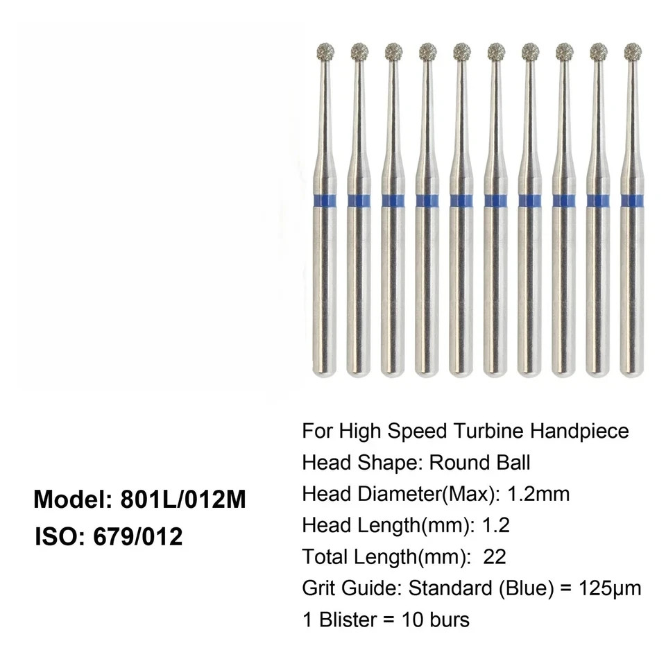 10X Dental Diamond Burs FG Long Round Ball 801L/012M-023M Coarse Grit High Speed