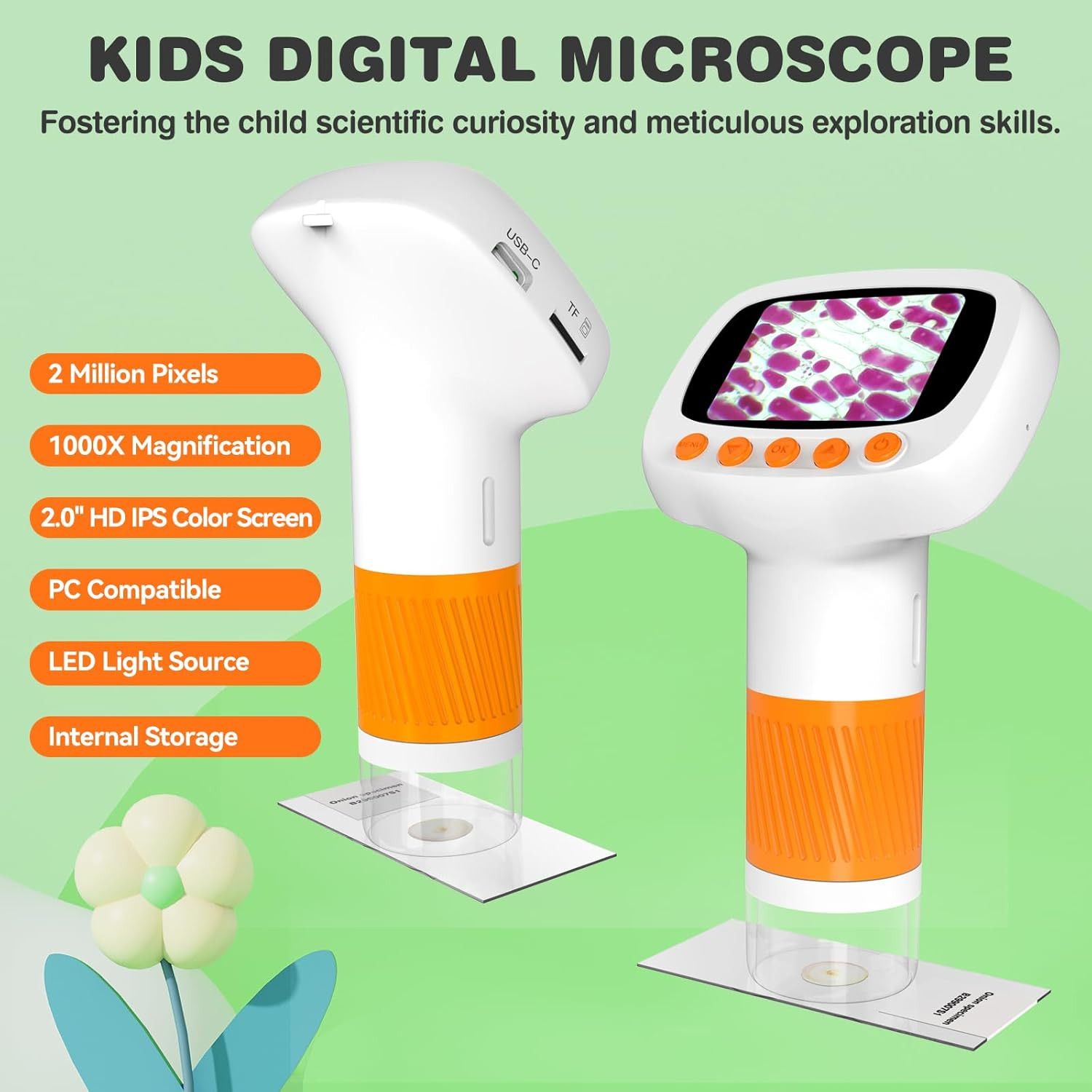 Pocket Kids Microscope for Over 3 Years Old, 1000X Handheld Microscope for Kids