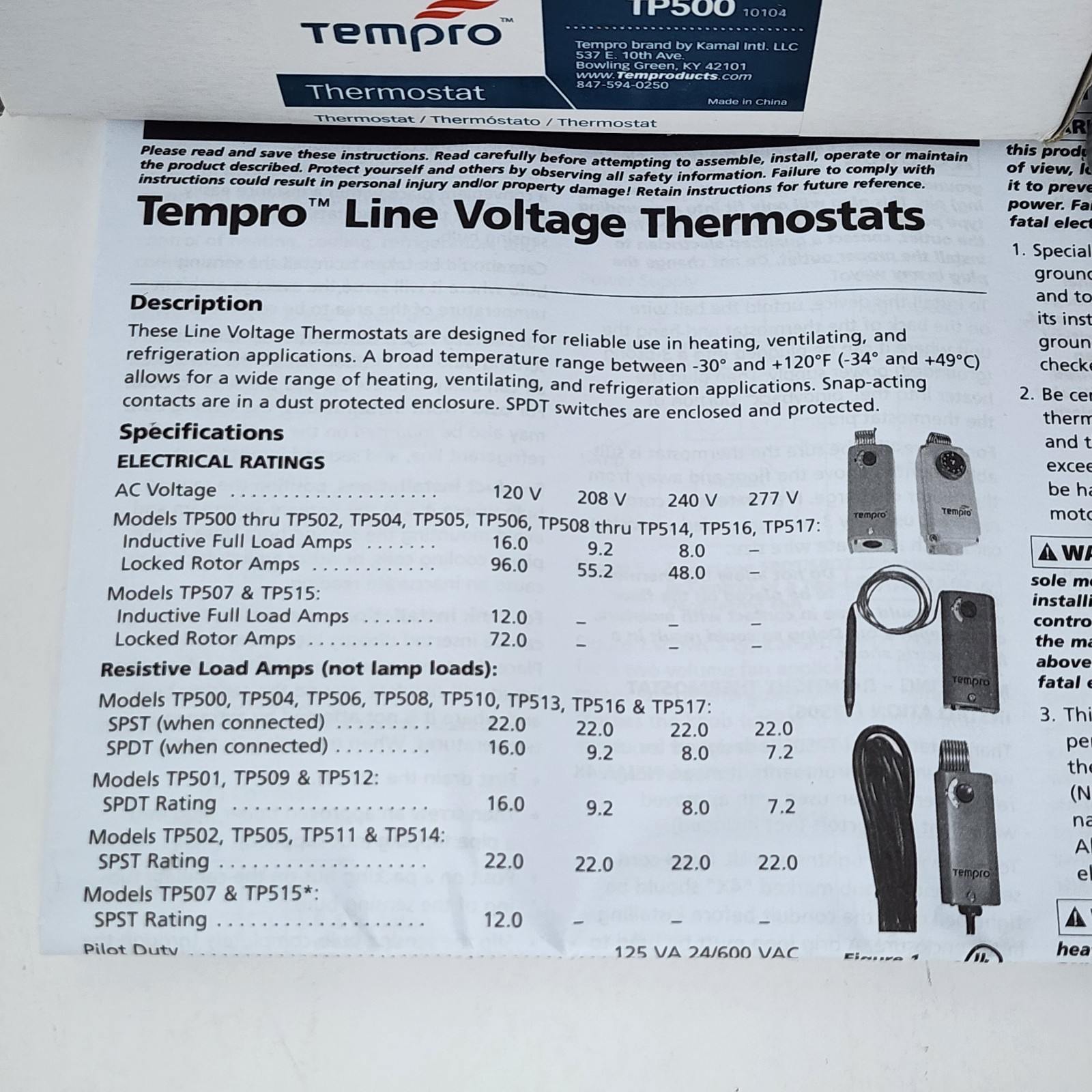 Tempro TP500 Thermostat Heat & Cool Single Stage SPDT 30°-110°F