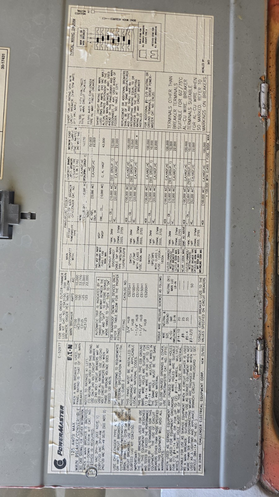Challenger Powermaster Main Breaker Panel 125A 201-250V Gray Metal E-2597