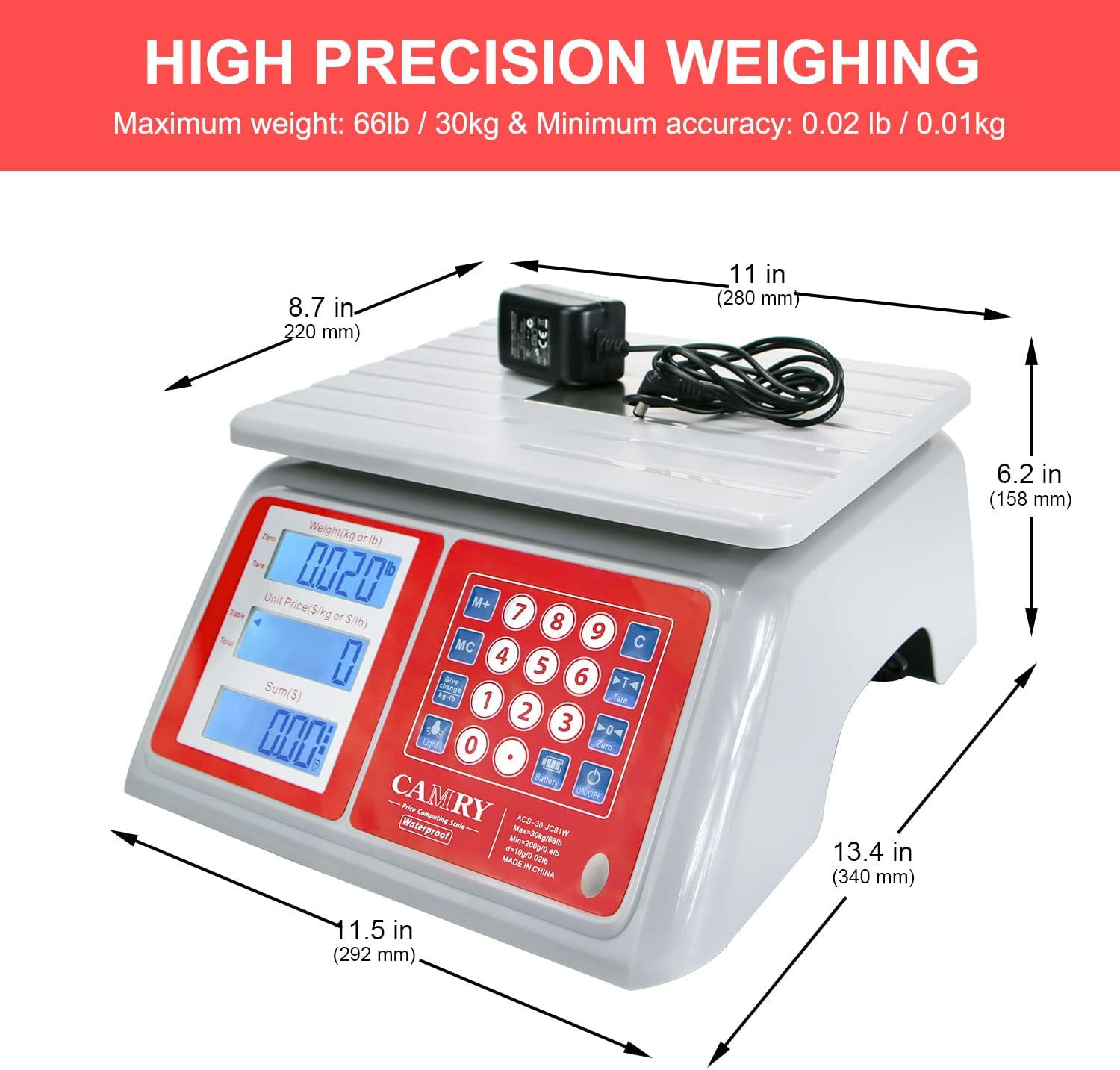 Waterproof Commercial Food Scale IPX7 66Lb / 30Kg Digital Price Computing