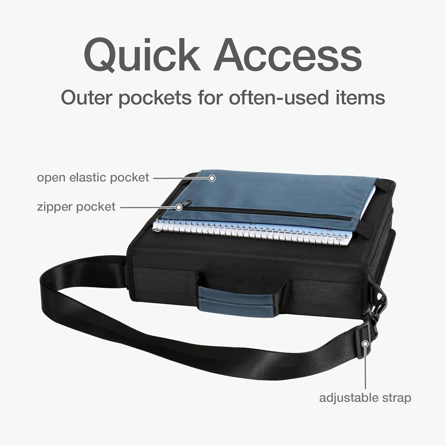Zipper Binder with Pockets, 3 Inch round Rings, 3 Inch, Black/Blue