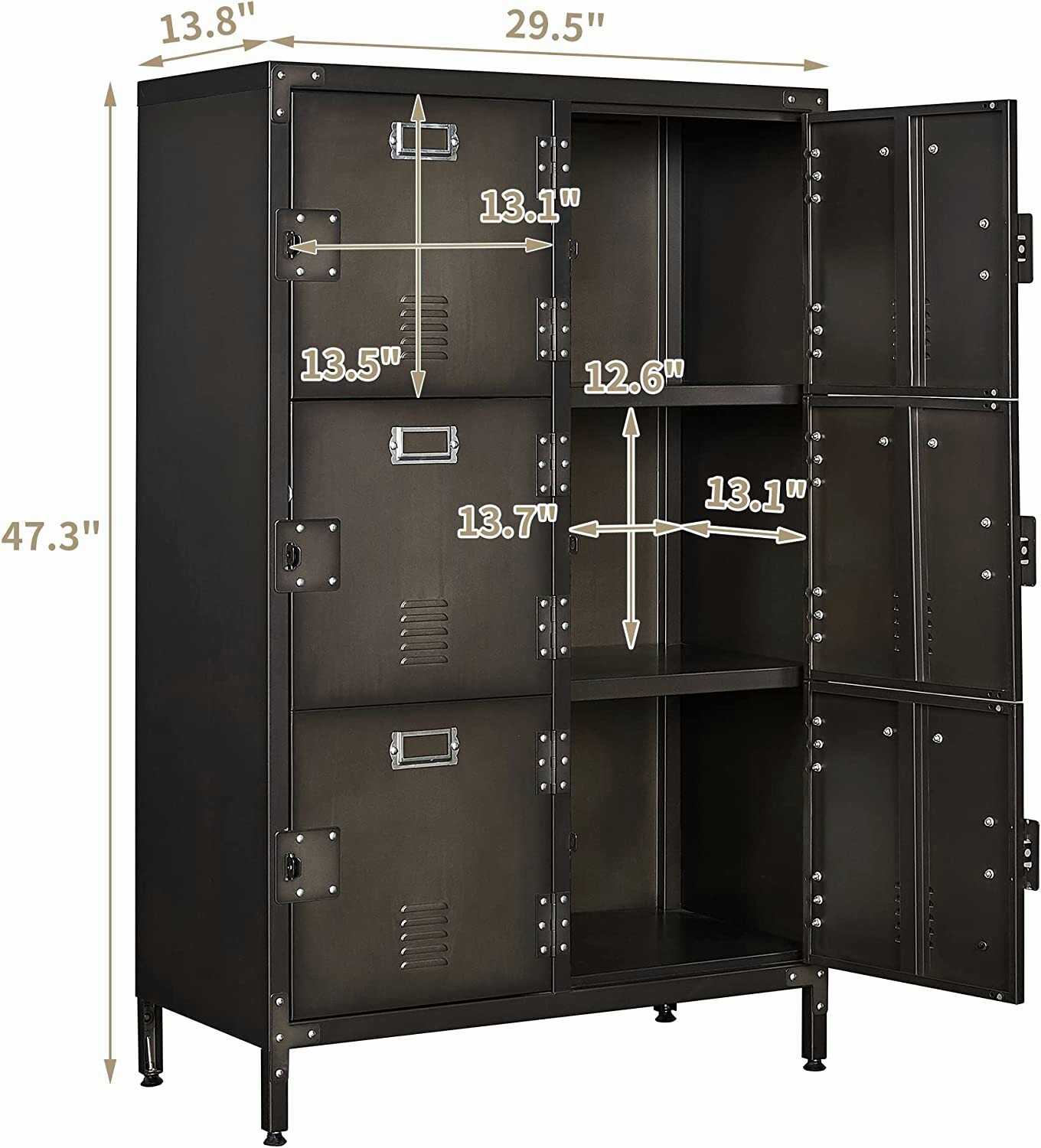 Vintage Metal Storage Cabinet 47.3H Industrial Steel Locker Cabinet with 6 Doors