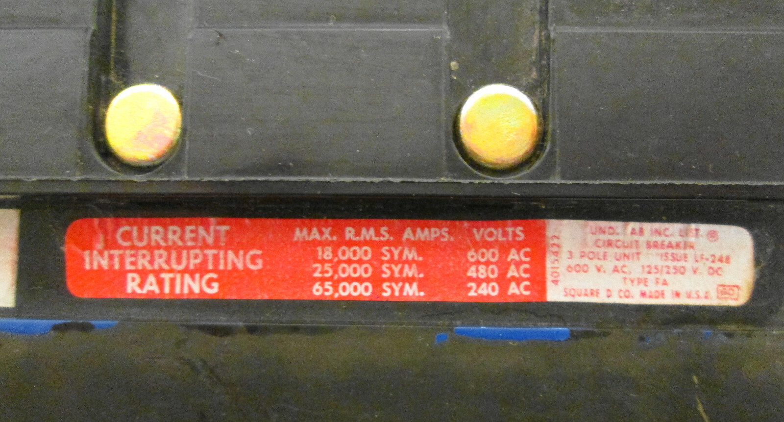 Square D FH-36015 Type FA Circuit Breaker 15A 3P 600VAC 125/250VDC