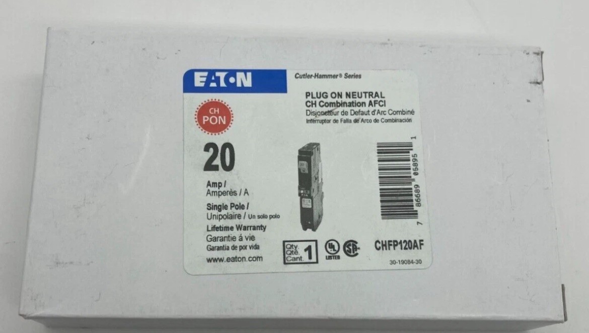 Eaton CHFP120AF 20 Amp 1 Pole 120V Plug On Neutral Combination AFCI Breaker New