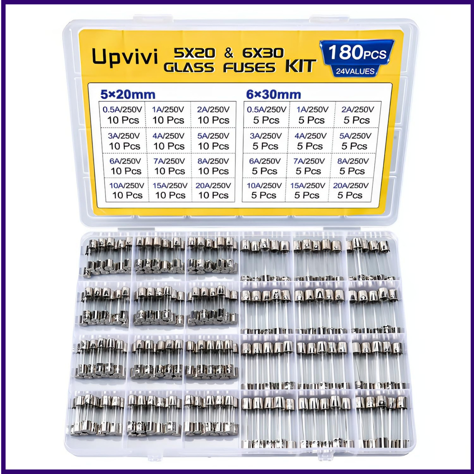 Fast Blow Glass Fuse Assortment Kit, 24 Values Glass Fuses 250V 5x20mm 0.5A