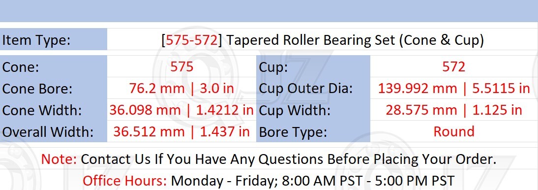 [Qty.1] New 575-572 Tapered Roller Bearing Set [3.0″ ID x 5.5115″ OD x1.437″ W]