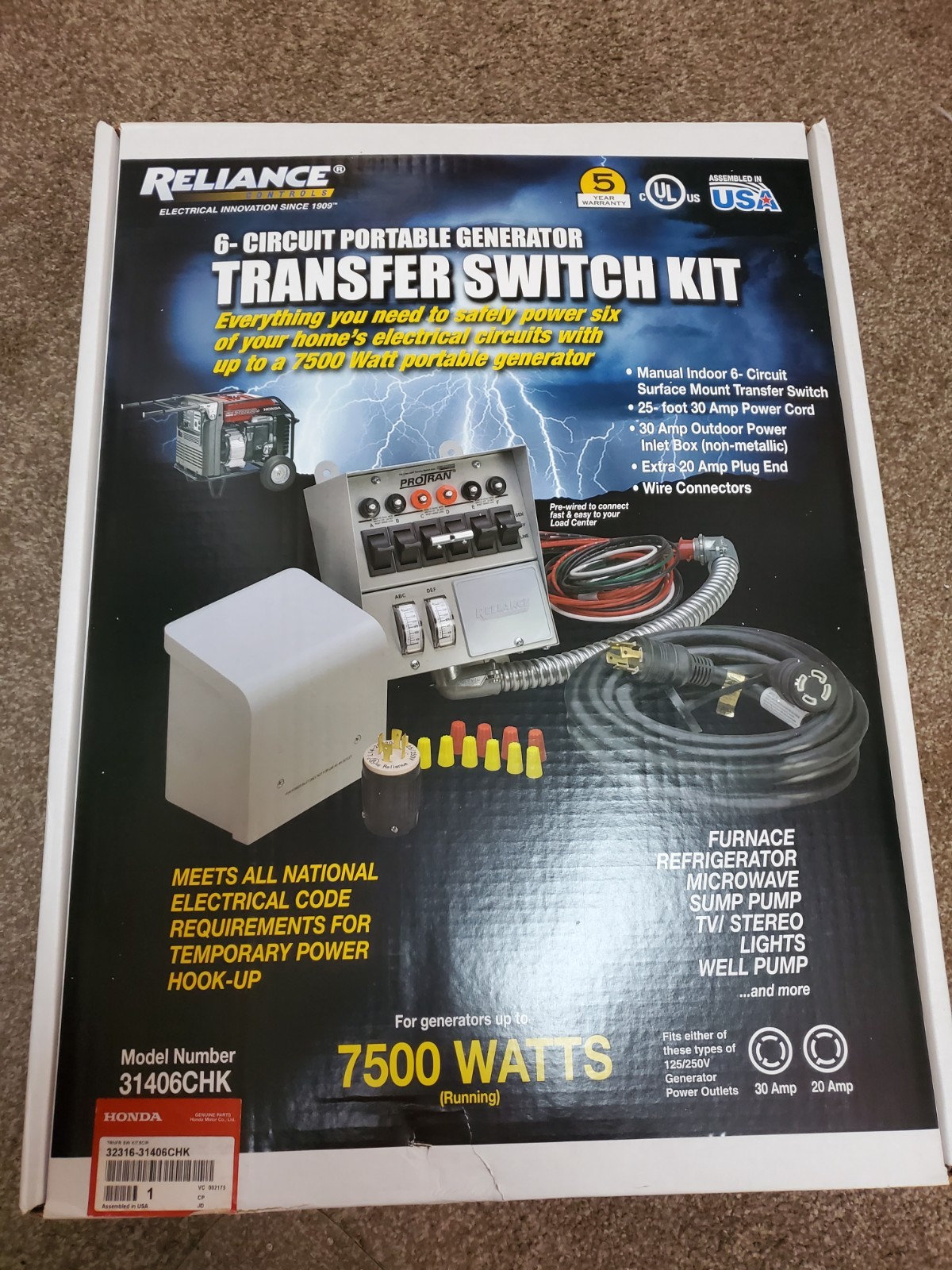 Honda 32316-31406CHK 6 Circuit 30amp Generator Transfer Switch Kit