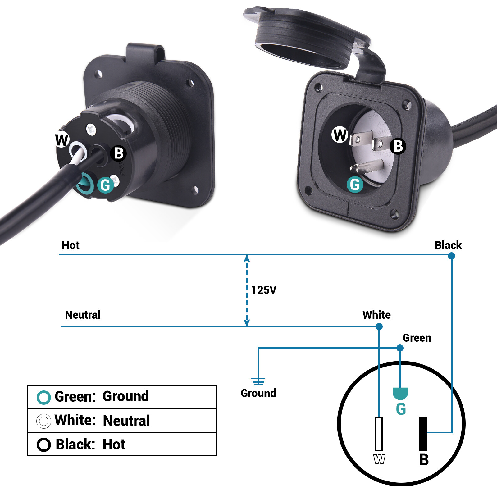 15 amp 125v ac power inlet port plug with integrated 18″ extension cord