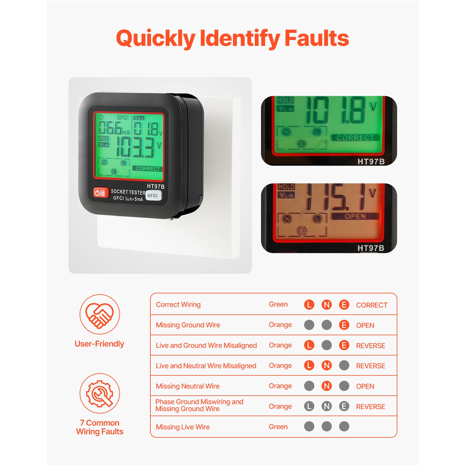 Outlet Tester Electrical GFCI Trip Tester LCD Display Receptacle Detector