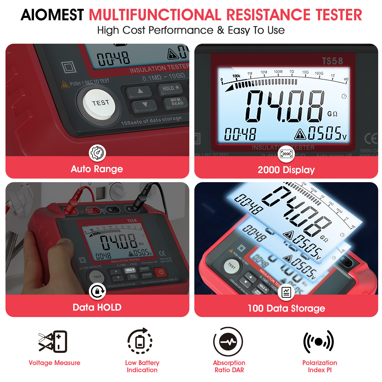 Digital Insulation Resistance Tester 20GΩ MegOhmMeter 50V-1000V Insulation Meter