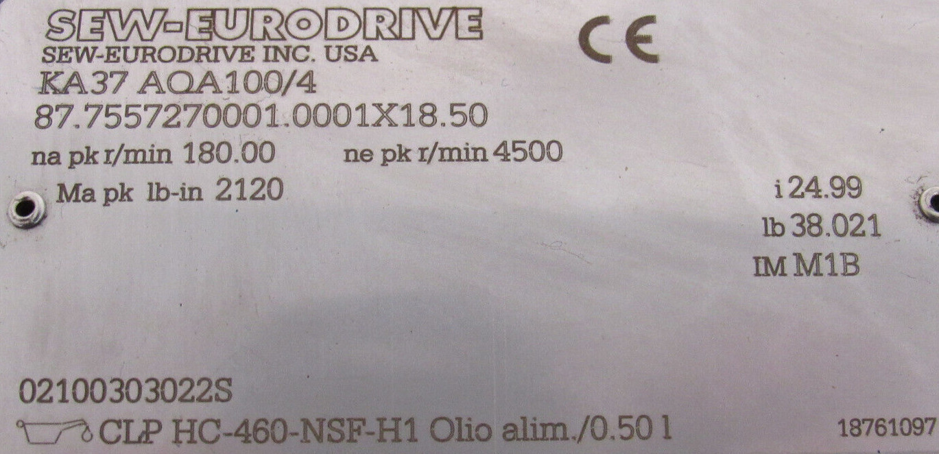 NEW SEW EURODRIVE KA37 AQA100/4 GEAR REDUCER 24.99 KA37AQA1004