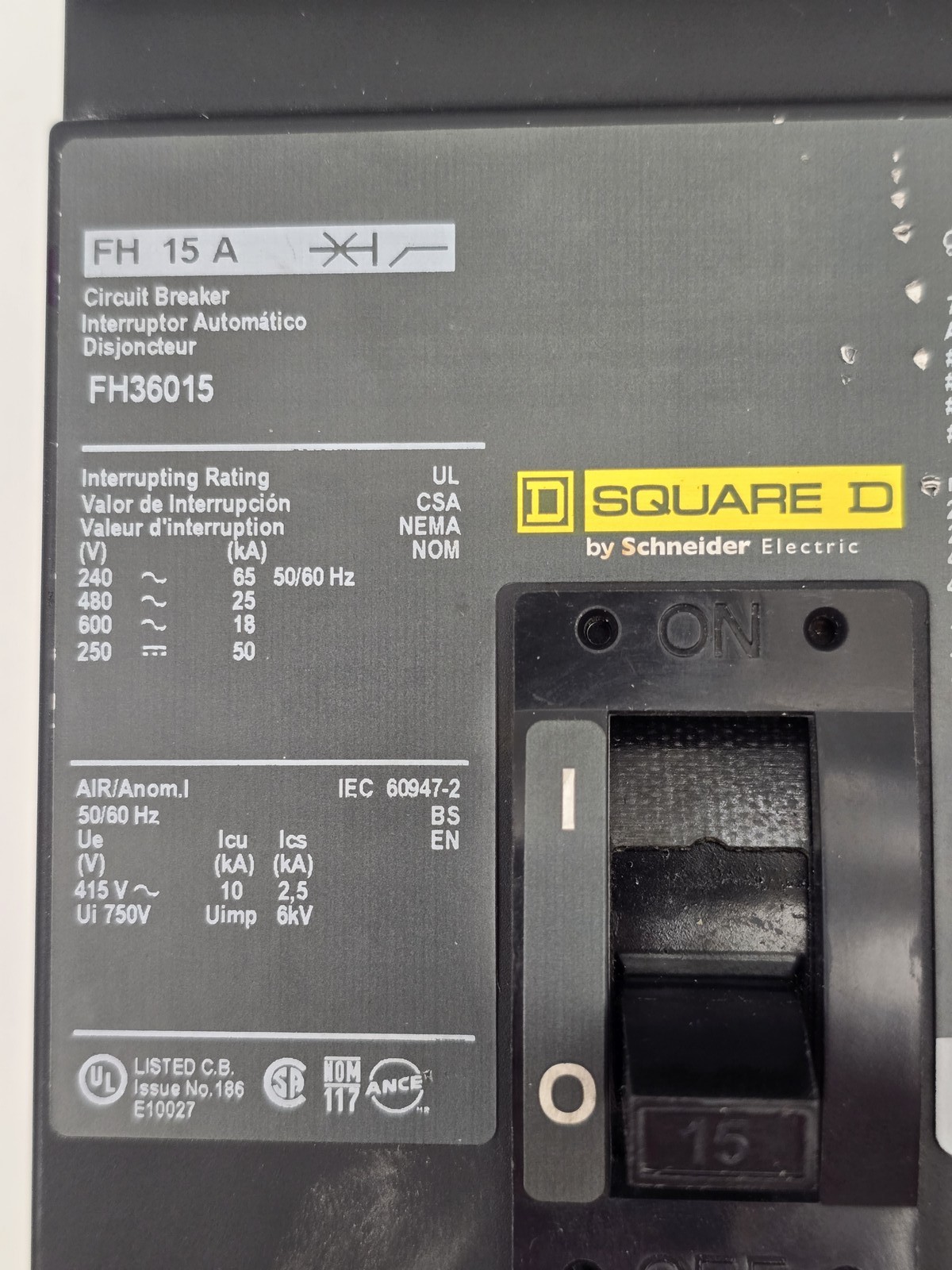 Square D FA36015 I-Line Circuit Breaker 15A 600VAC 3P Type FA 1PH NOS