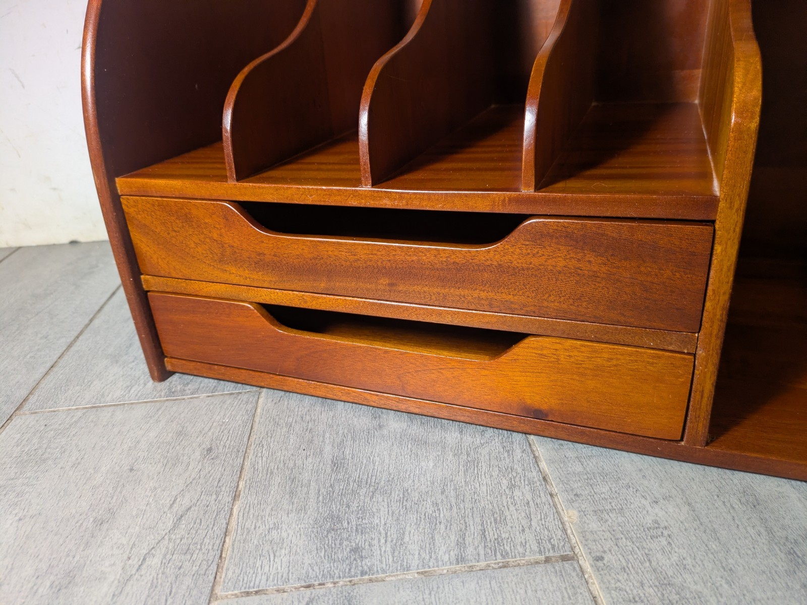Vintage Mid Century Danish Modern Mahogany Wood Desk Organizer Mail Sorter H66
