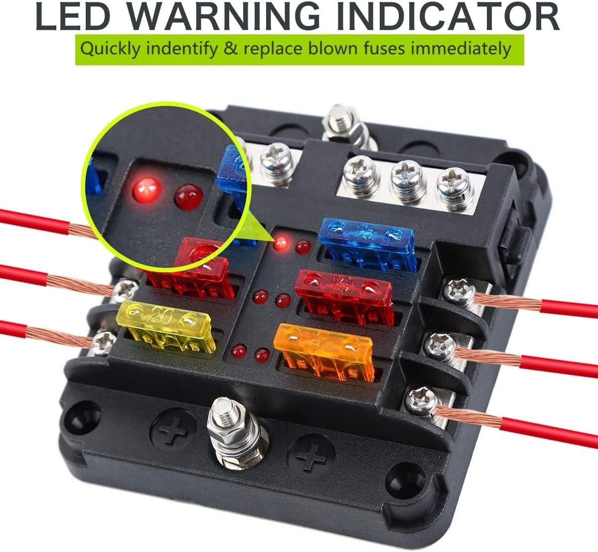 12 Volt Fuse Block, Waterproof 6 Way Fuse Box with 6 Ground Negative Busbar f…