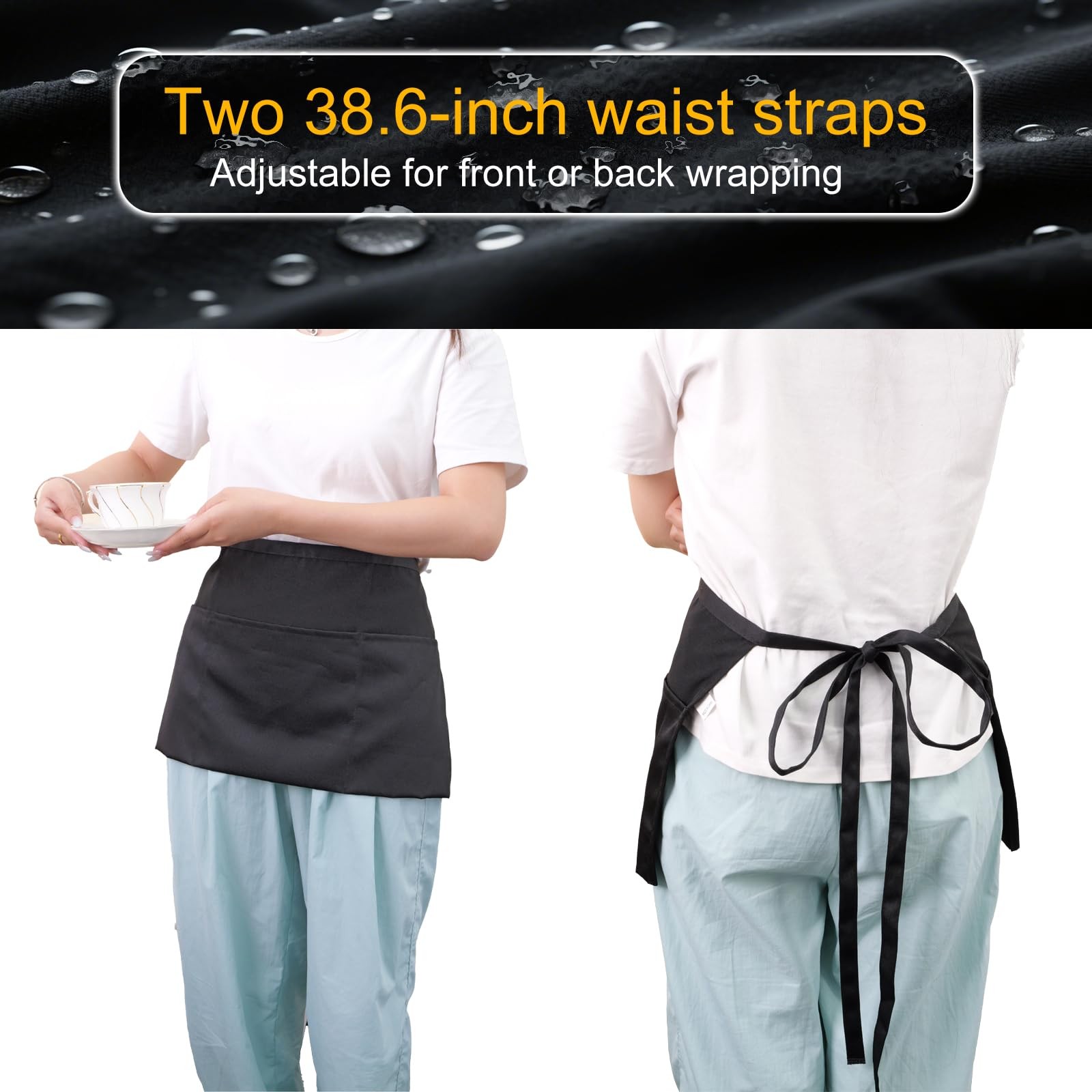 2 Pack Server Apron – Waist Half Aprons for Waitress with 3 Pockets, Black Short