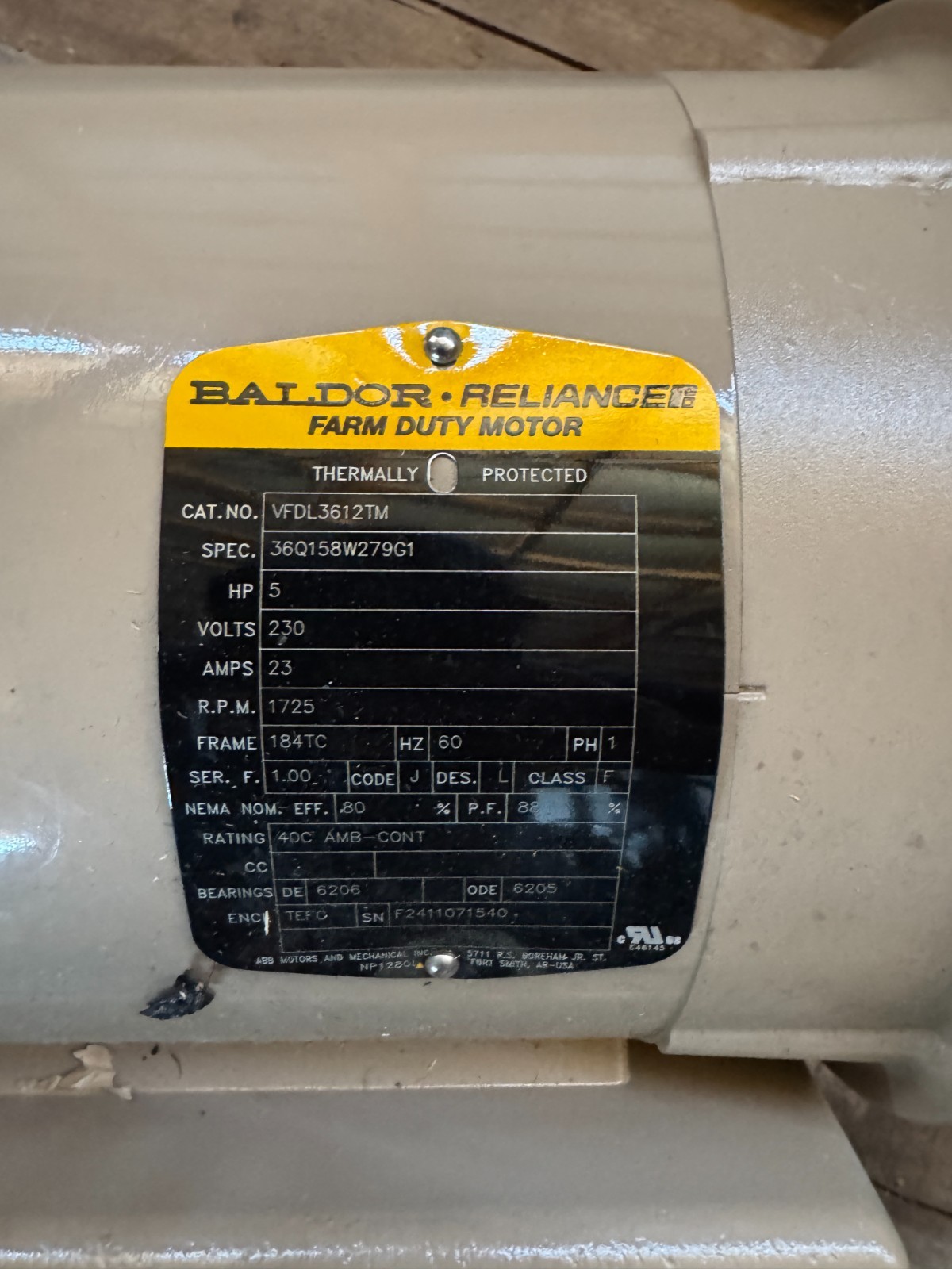 Baldor Reliance Farm Duty Motor 5HP VFDL3612TM, Open Box, Never Used,