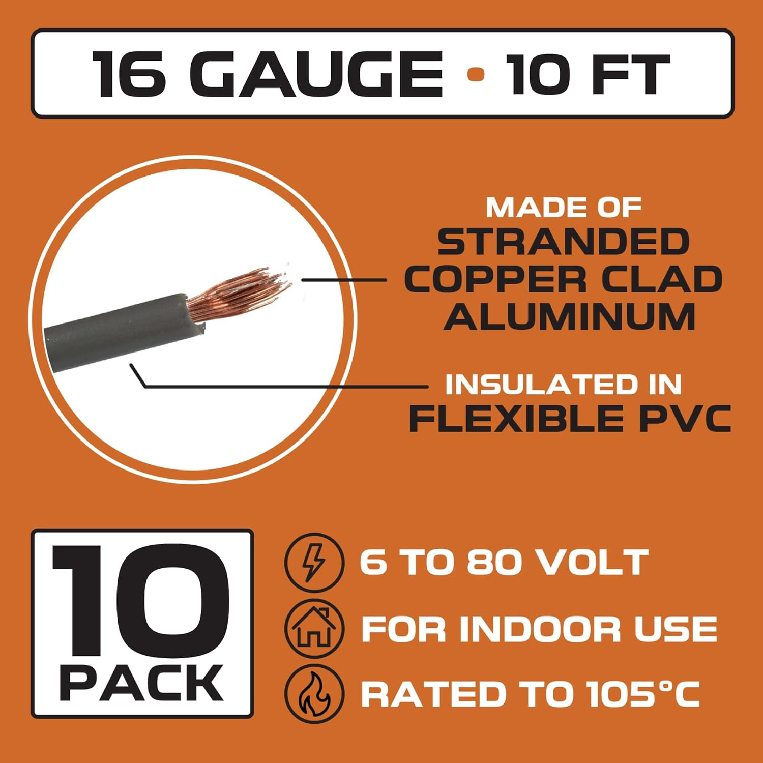100 Ft 16 Gauge Cable Wire 10-Roll Assortment Automotive Wiring Kit Copper