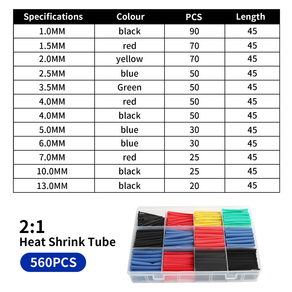 560pcs HEAT SHRINK TUBING Insulation Shrinkable Tube 2:1 Wire Cable Sleeve w/BOX
