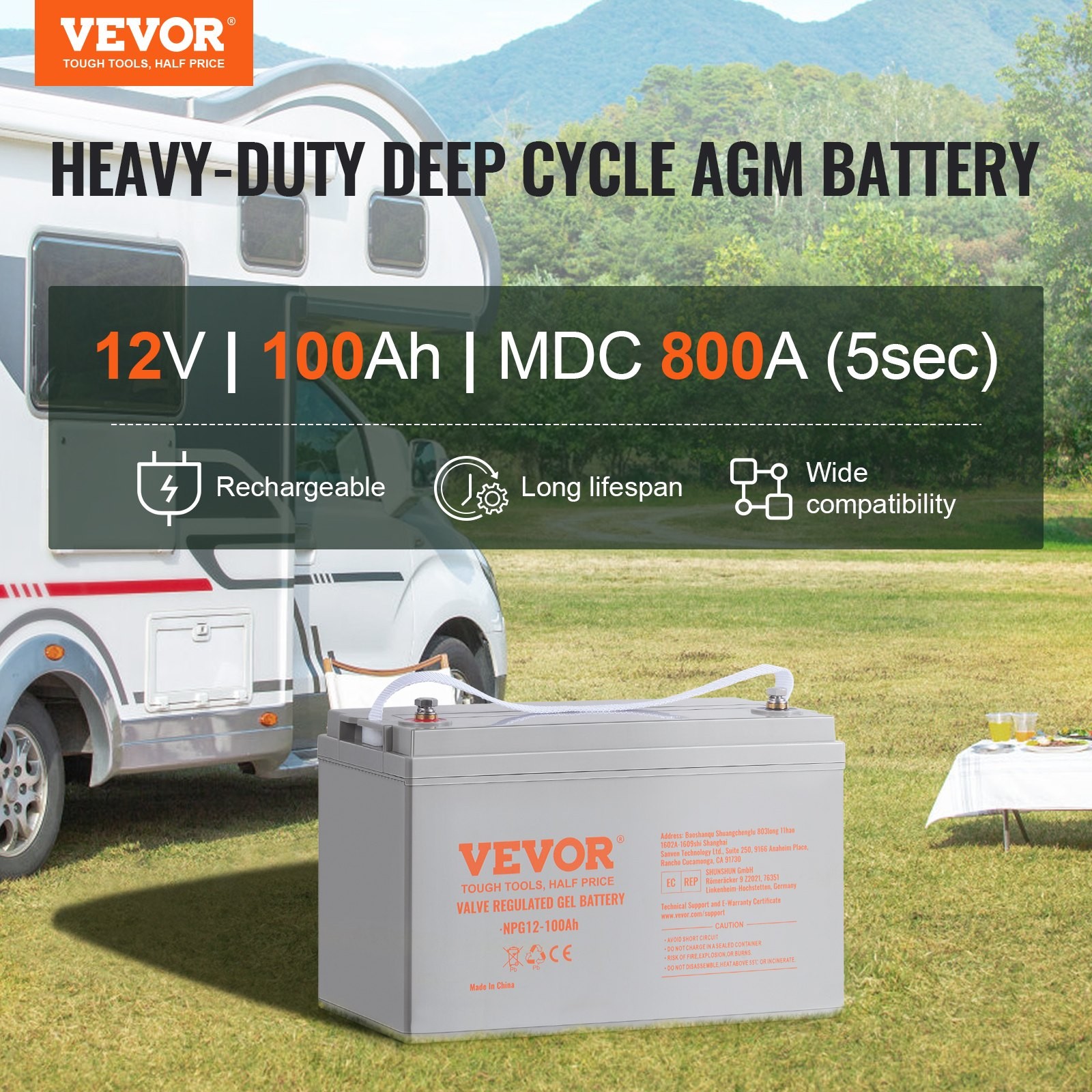 Deep Cycle Battery, 12V 100 AH, AGM Marine Rechargeable Battery, High Self-Disch